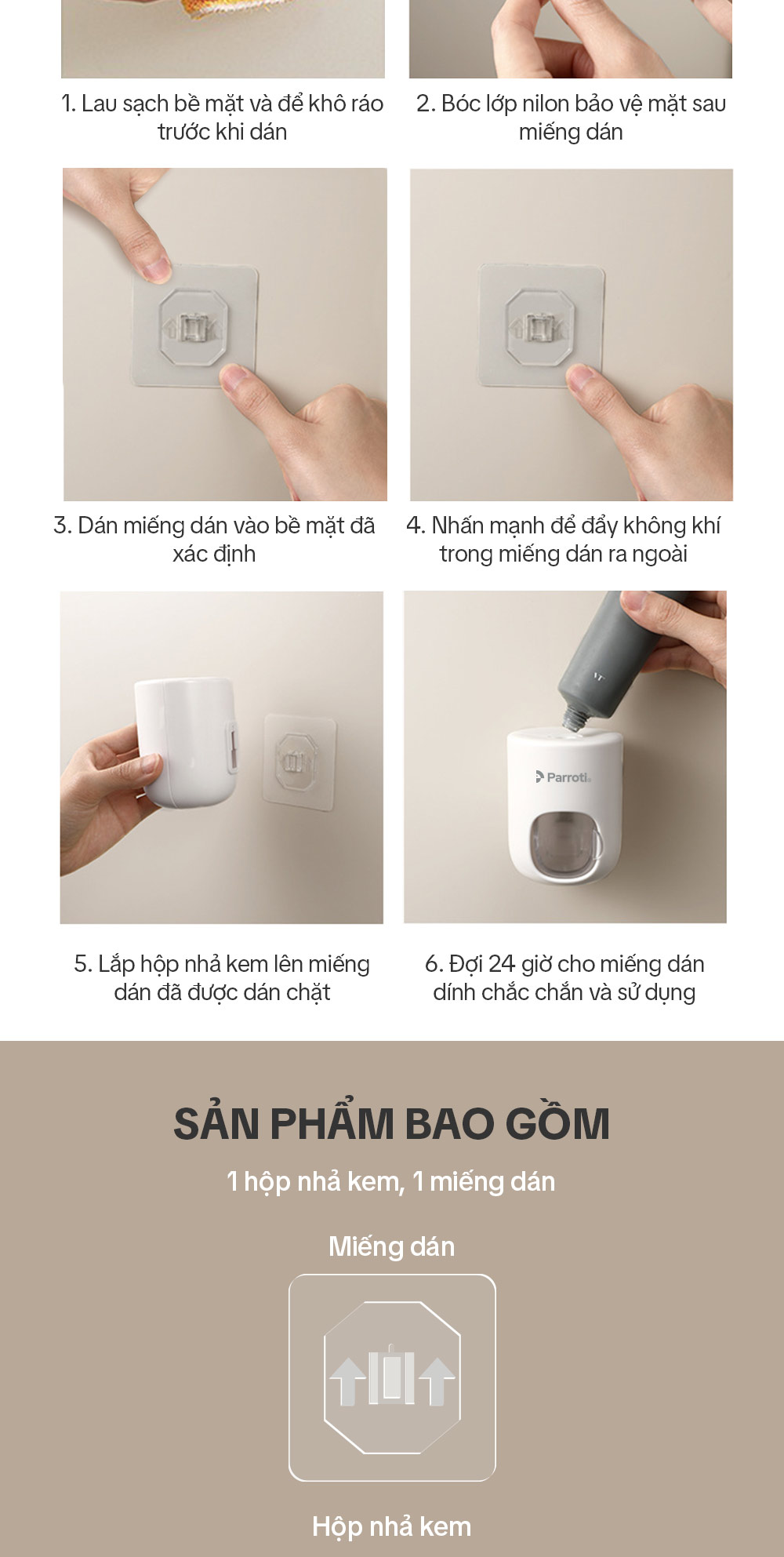 Mô tả Hộp Nhả Kem Tự Động Dán Tường, Hộp Nhả Kem Đánh Răng Rời Có Nắp Đậy Thông Minh Parroti Morning -  MI01 - 10
