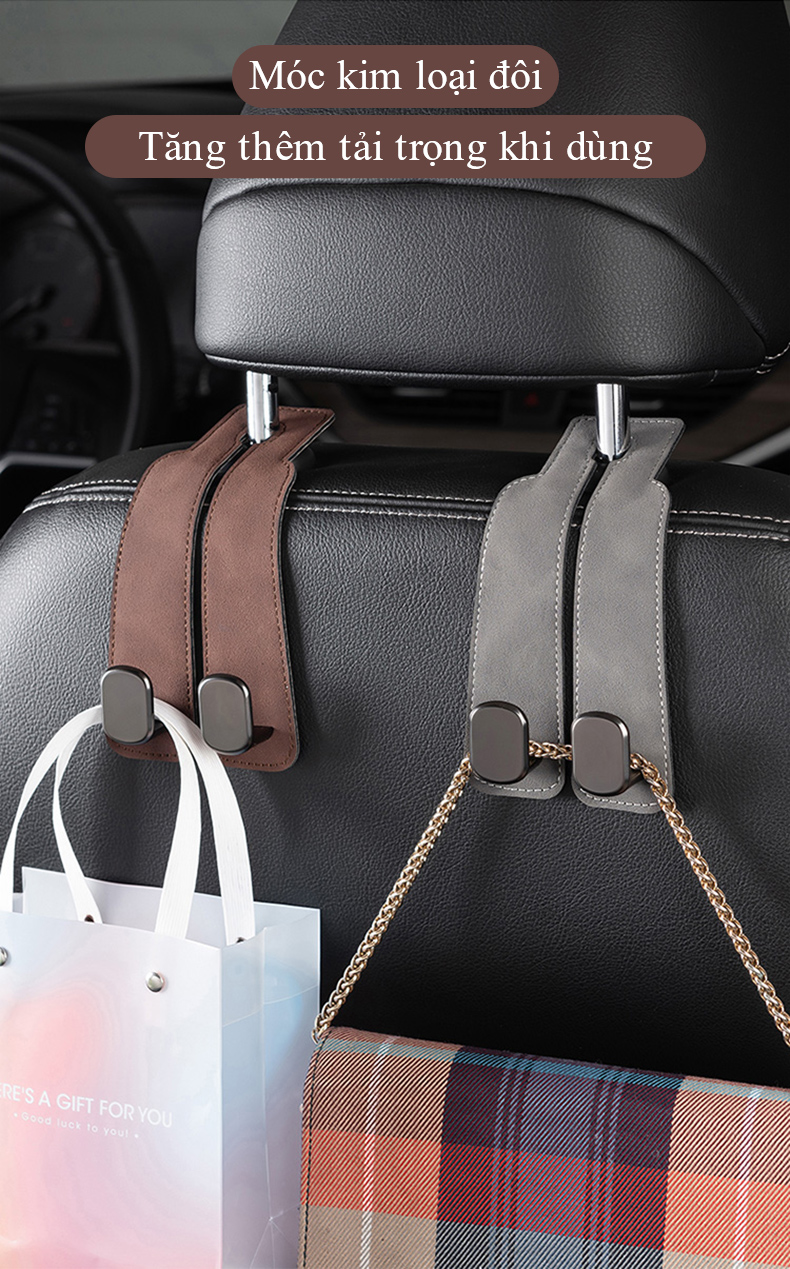 Mô tả Móc treo đồ gắn lưng ghế ô tô MYT Móc kim loại gắn sau ghế xe hơi siêu chịu lực móc đơn móc đôi bằng da lộn sang trọng - 3