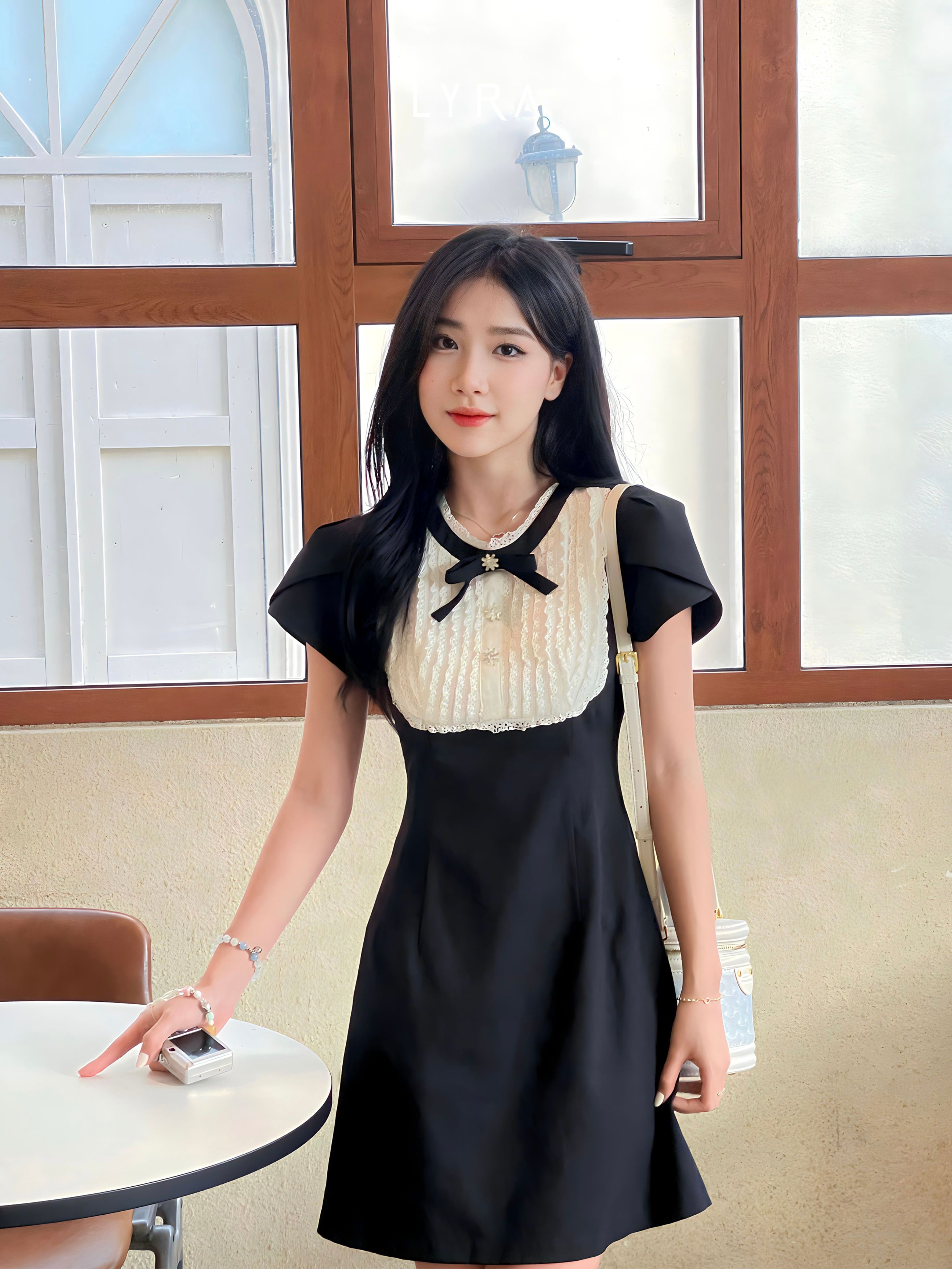 Mô tả LYRA DESIGN - Váy đầm nữ ngắn tay thiết kế cổ trắng phối nơ đính đá thanh lịch nữ tính LYRA Design - LWNVD016 - 7