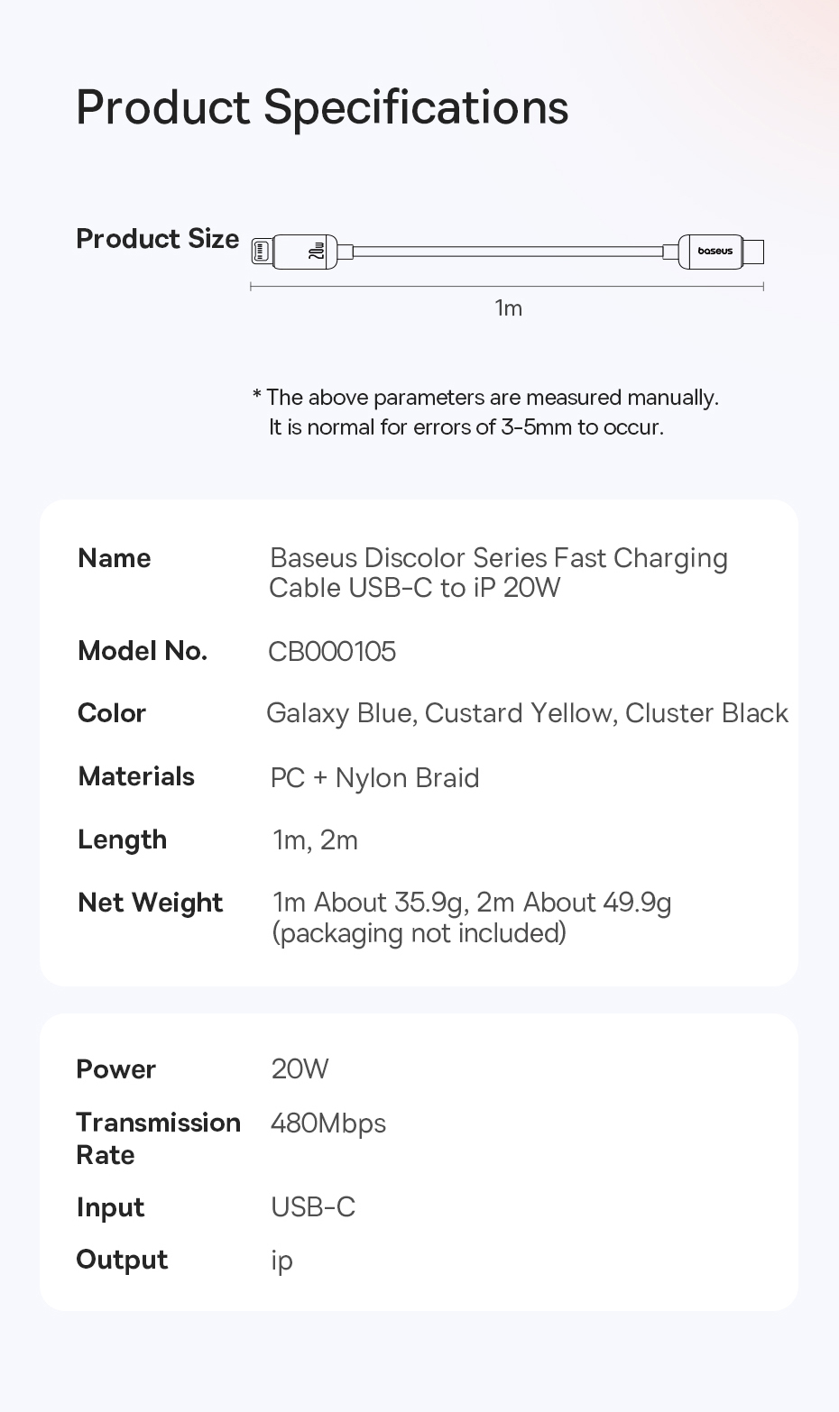 Mô tả Dây cáp sạc nhanh Baseus Discolor Type C sang iP 20W cho Phone 11 12 13 14 Pro max Cáp truyền dữ liệu chính hãng 1m 2m - 11