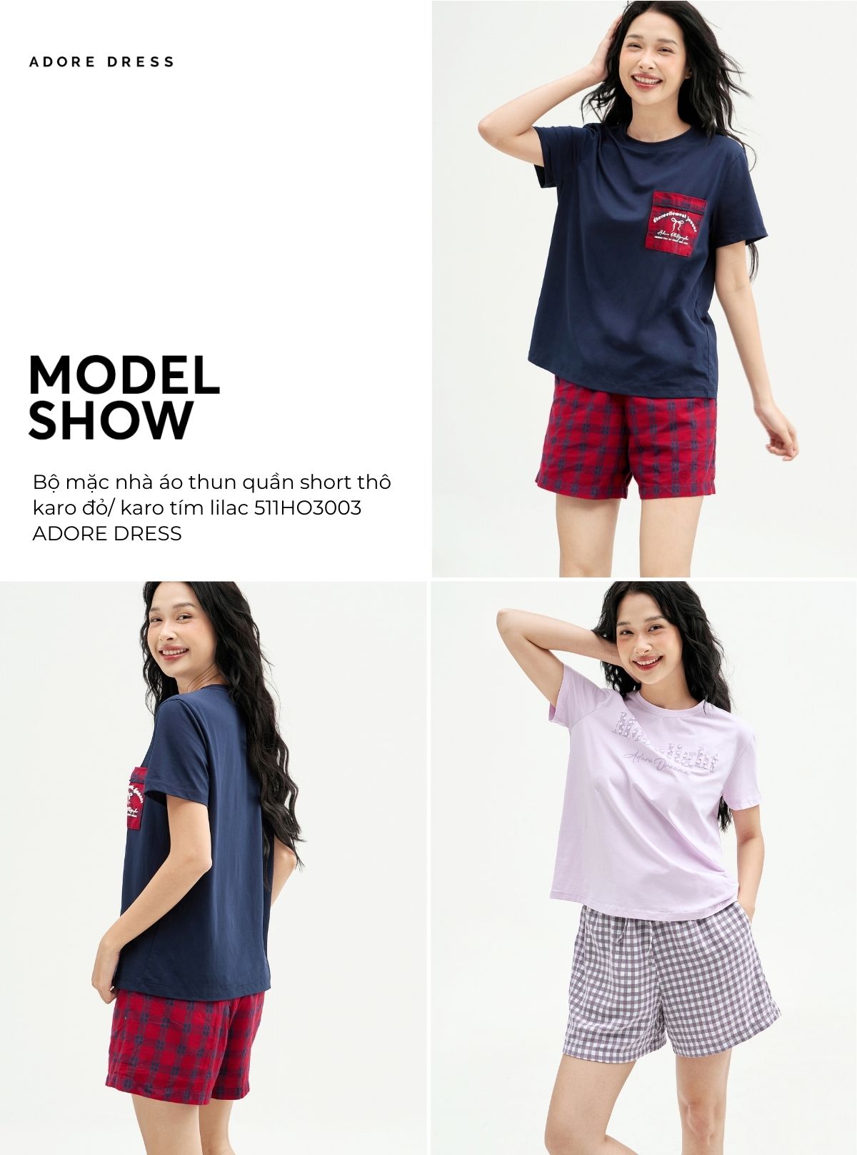 Mô tả 511HO3003 - Bộ mặc nhà áo thun quần short thô karo tím lilac/short thô karo đỏ ADORE DRESS - 1