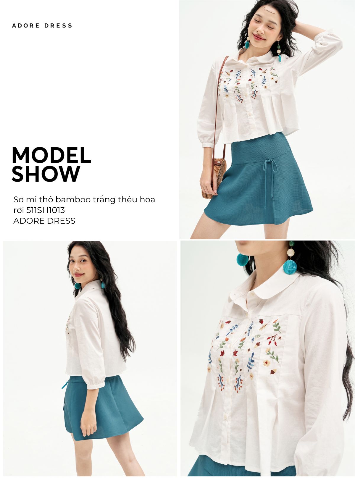 Mô tả 511SH1013 - Áo Sơ mi thô bamboo trắng thêu hoa rơi ADORE DRESS - 1