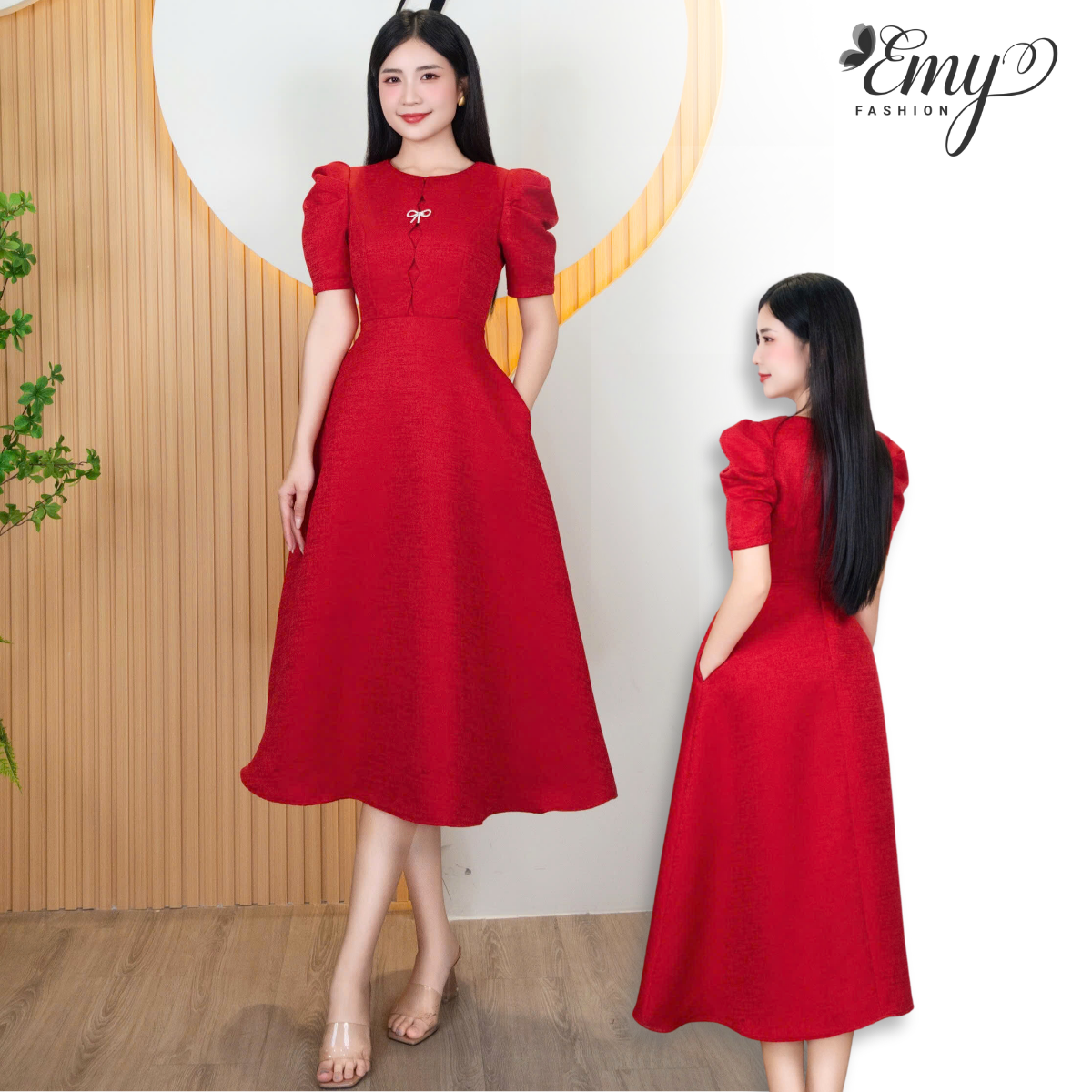 Mô tả Đầm Thiết Kế EMY Thời Trang Cao Cấp Thanh Lịch EM9569 Vải Taffta Vân Gỗ Sang Chảnh Đi Tiệc - 1