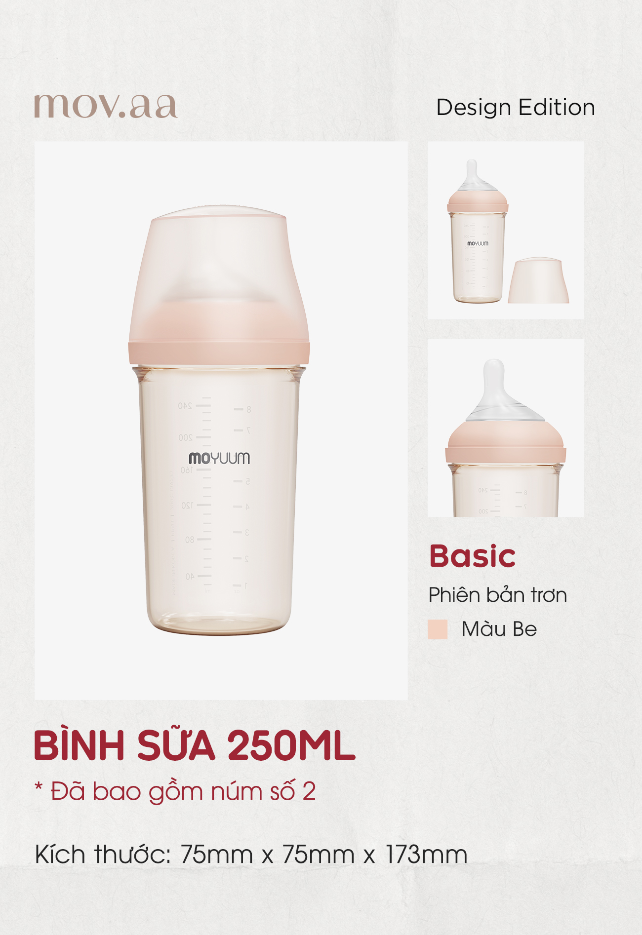 Mô tả Bình sữa Moyuum PPSU Mov.aa - 250ml - Bản trơn - 2