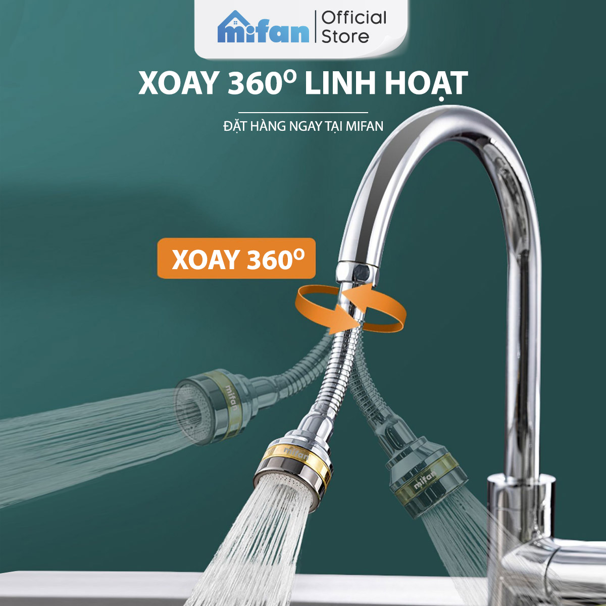 Mô tả Đầu vòi rửa bát tăng áp đồng thau inox 304 cao cấp Mifan - 3 Chế độ phun cực mạnh, xoay 360 - Sử dụng cho bồn rửa chén - 6
