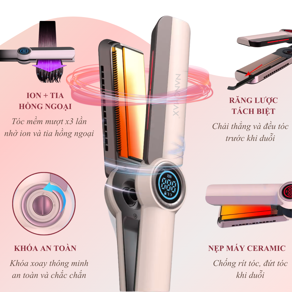 Mô tả Máy Uốn Duỗi Tóc Cao Cấp Nanomax SM-868, 3in1 Vừa Uốn Duỗi Vừa Chải Tơi Tóc, Nẹp Máy Ceramic Gắn Lược Tháo Rời - 3