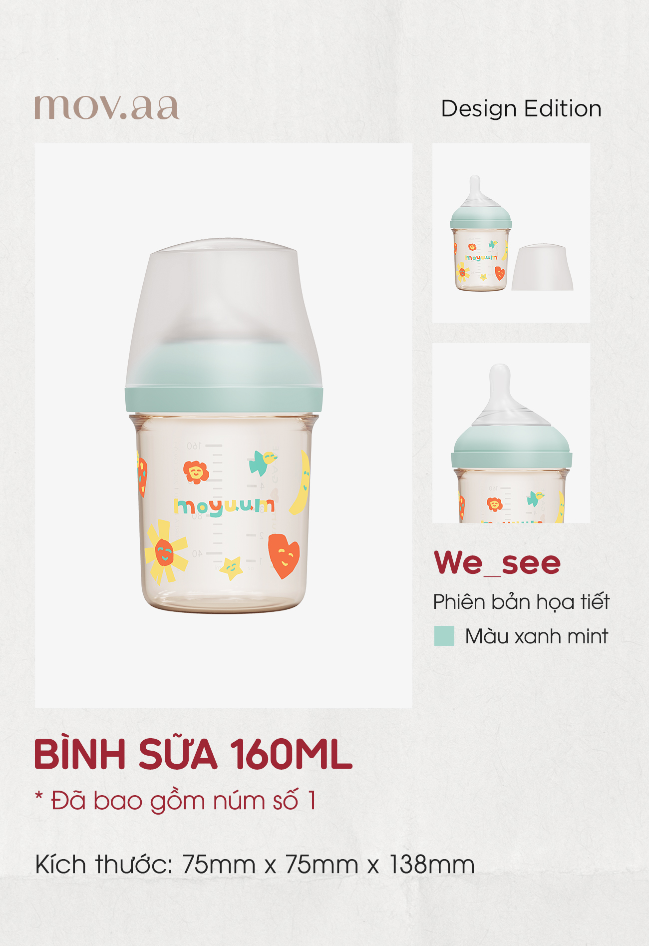 Mô tả Bình sữa Moyuum PPSU Mov.aa - 160ml - Bản họa tiết - Xanh mint - 2