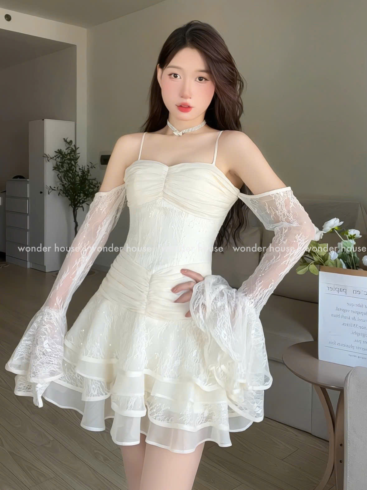 Mô tả Dora Dress Wonderhouse Đầm thiết kế dây tay dài dáng xòe chất vải ren họa tiết dự tiệc,dạo phố sang trọng nữ tính - 1