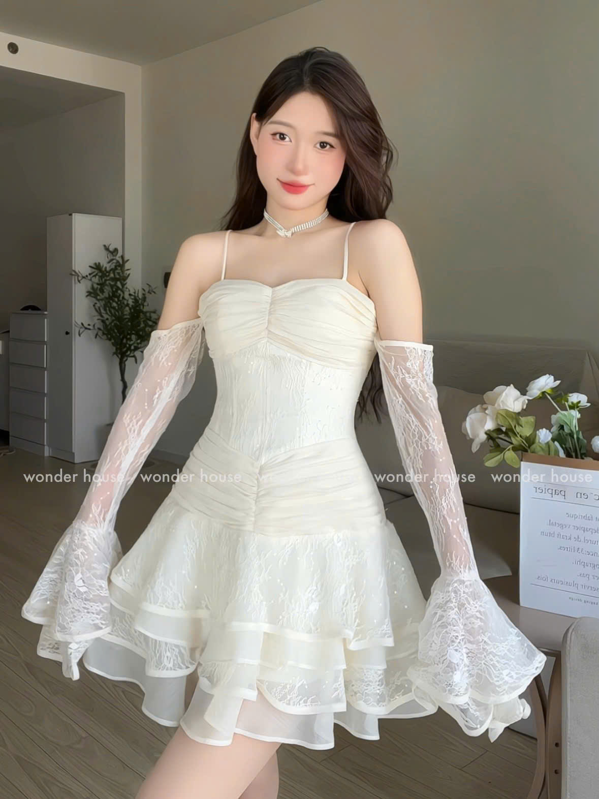 Mô tả Dora Dress Wonderhouse Đầm thiết kế dây tay dài dáng xòe chất vải ren họa tiết dự tiệc,dạo phố sang trọng nữ tính - 4