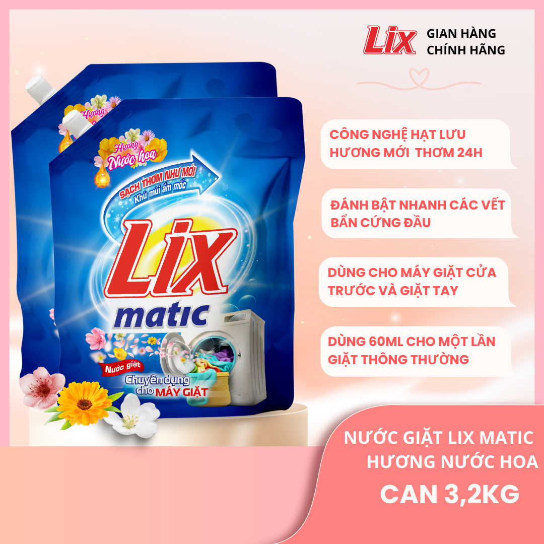 Mô tả Combo 2 túi nước giặt Lix Matic hương nước hoa 3,2kg/ túi, sạch thơm như mới tặng 1 nước lau bếp On1, 2C-NGM04+N6701 - 2