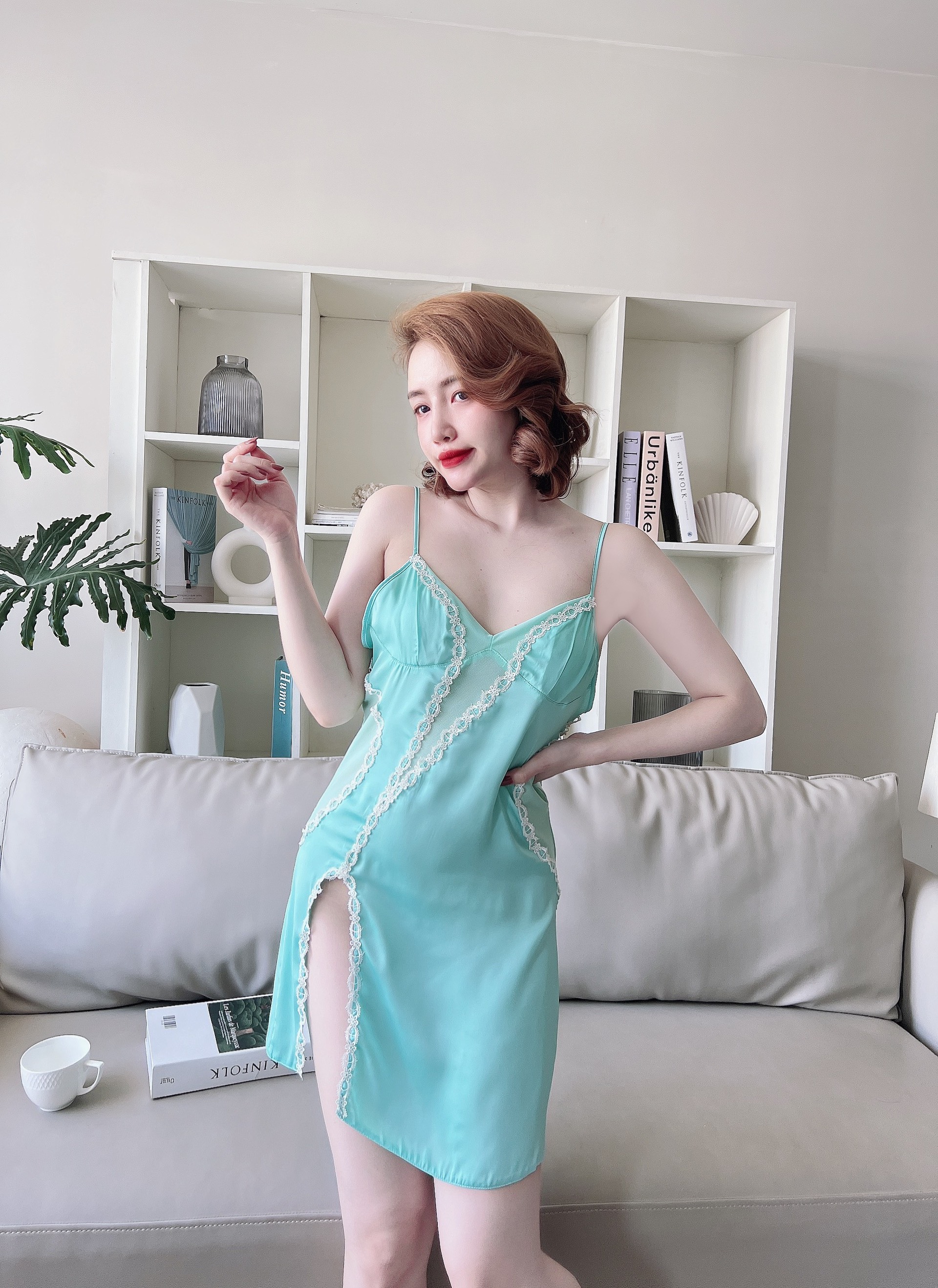 Mô tả Váy Ngủ Nữ SOJUN Vải Latin Ren Có Mút Kèm Quần Size Dưới 55kg - 4
