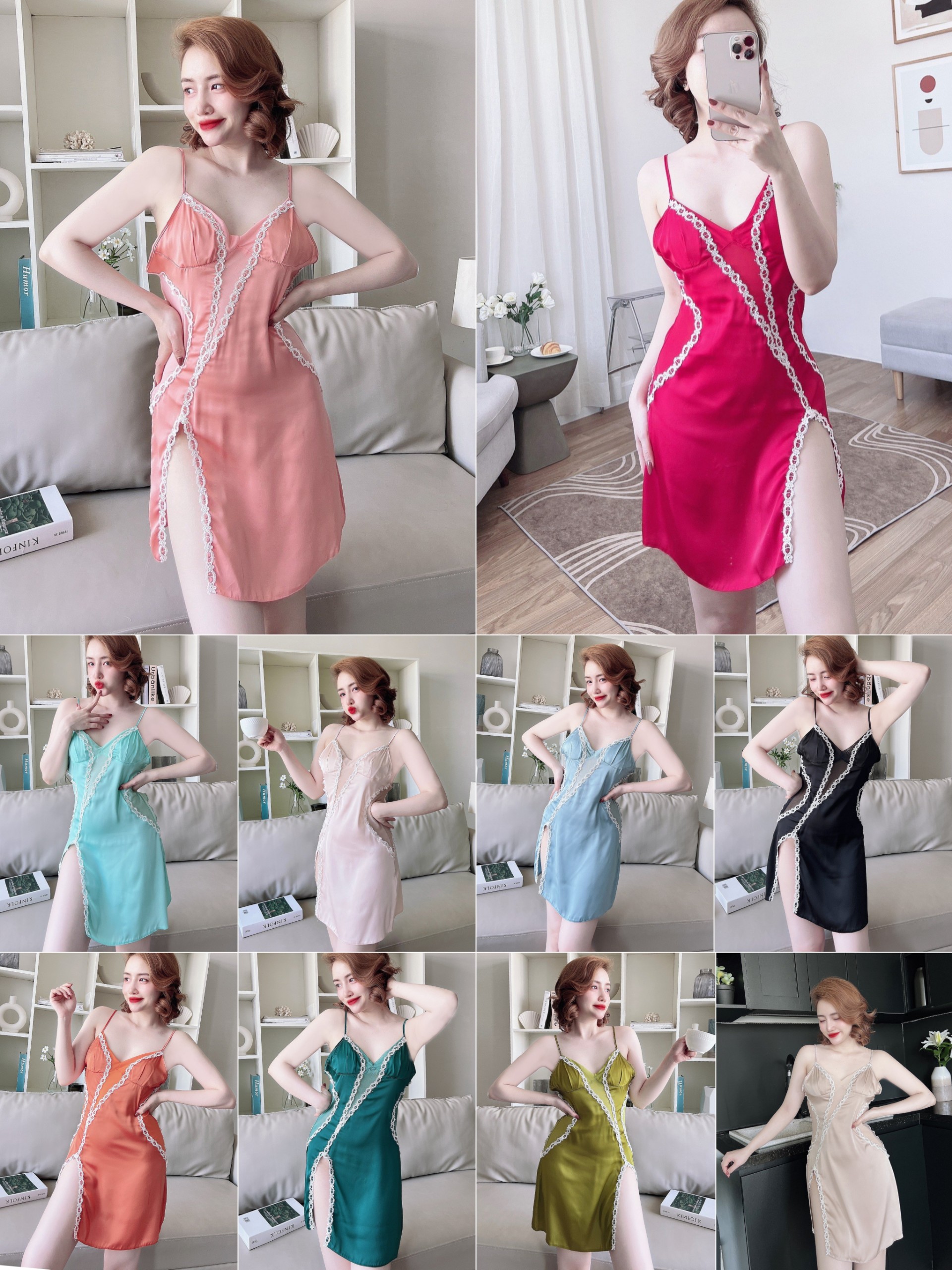 Mô tả Váy Ngủ Nữ SOJUN Vải Latin Ren Có Mút Kèm Quần Size Dưới 55kg - 9
