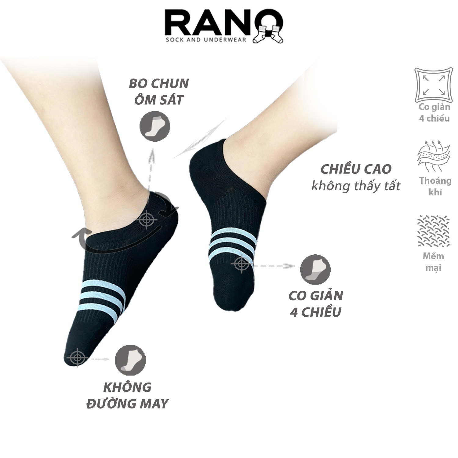 Mô tả tất cổ lười hài giấu giày nam nữ cao cấp RANO chống tuột phối sọc không hôi chân CB_LUOI3SOC - 2