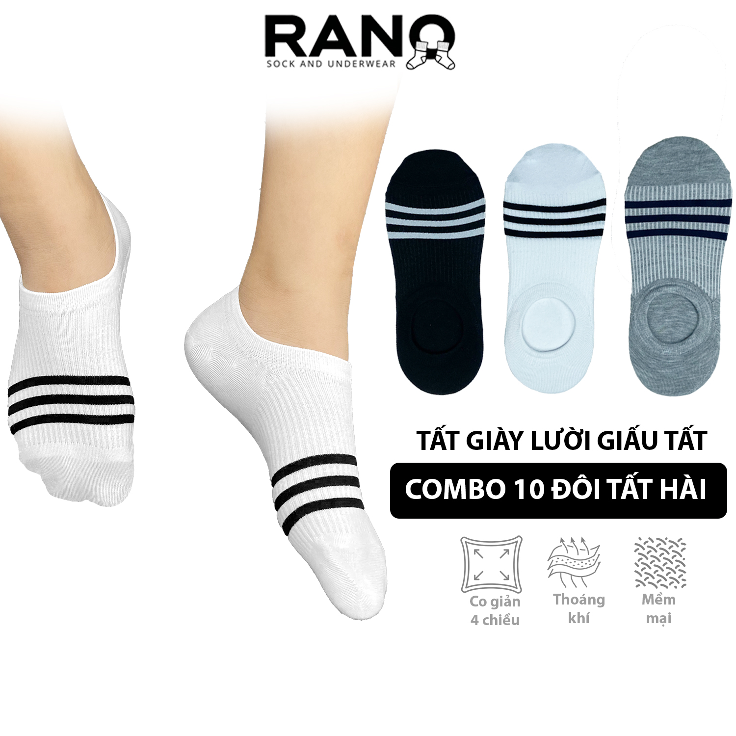 Mô tả tất cổ lười hài giấu giày nam nữ cao cấp RANO chống tuột phối sọc không hôi chân CB_LUOI3SOC - 1