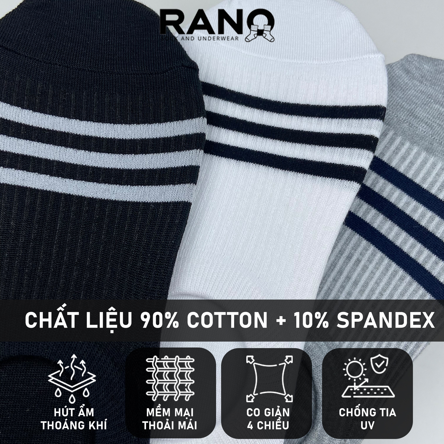 Mô tả tất cổ lười hài giấu giày nam nữ cao cấp RANO chống tuột phối sọc không hôi chân CB_LUOI3SOC - 4