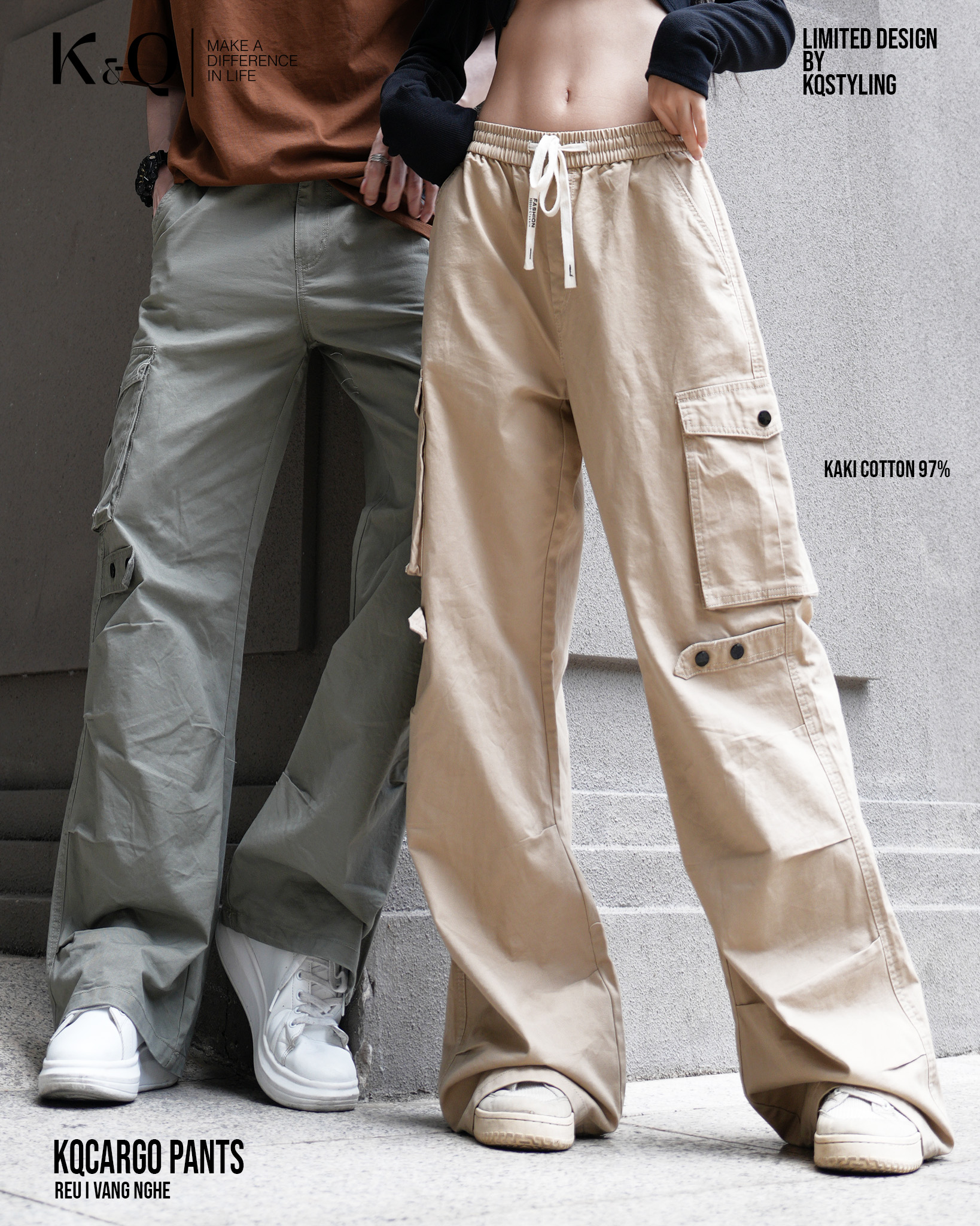 Mô tả Quần Cargo Nữ Kaki Túi Hộp Ống Rộng 100% Cotton Mềm | KQSTYLING WIDE - 3