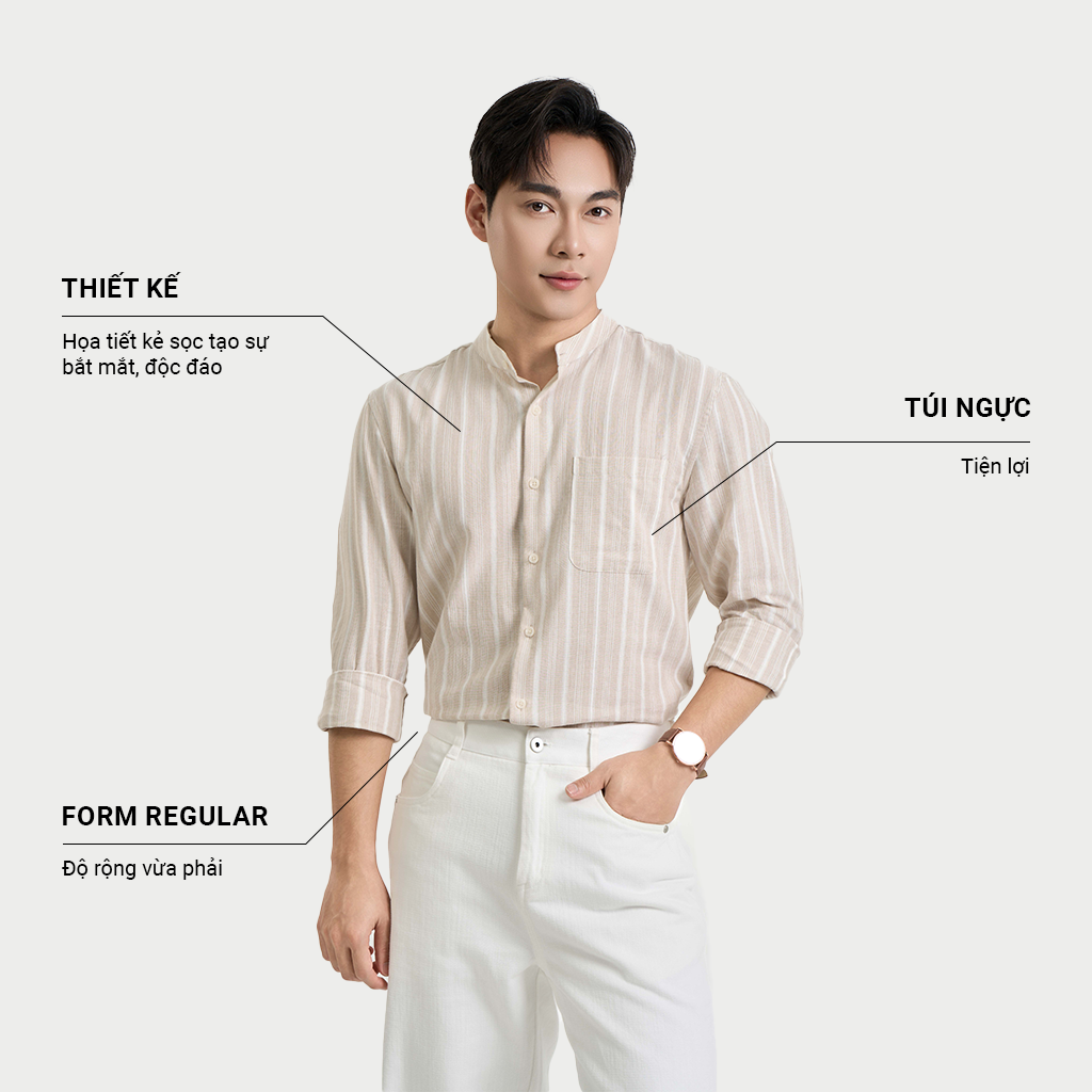 Mô tả Áo Sơ Mi Dài Tay Nam Krik Form Regular Thiết Kể Cổ Tàu Cùng Họa Tiết Kẻ Sọc Thanh Lịch SD3221 - 1