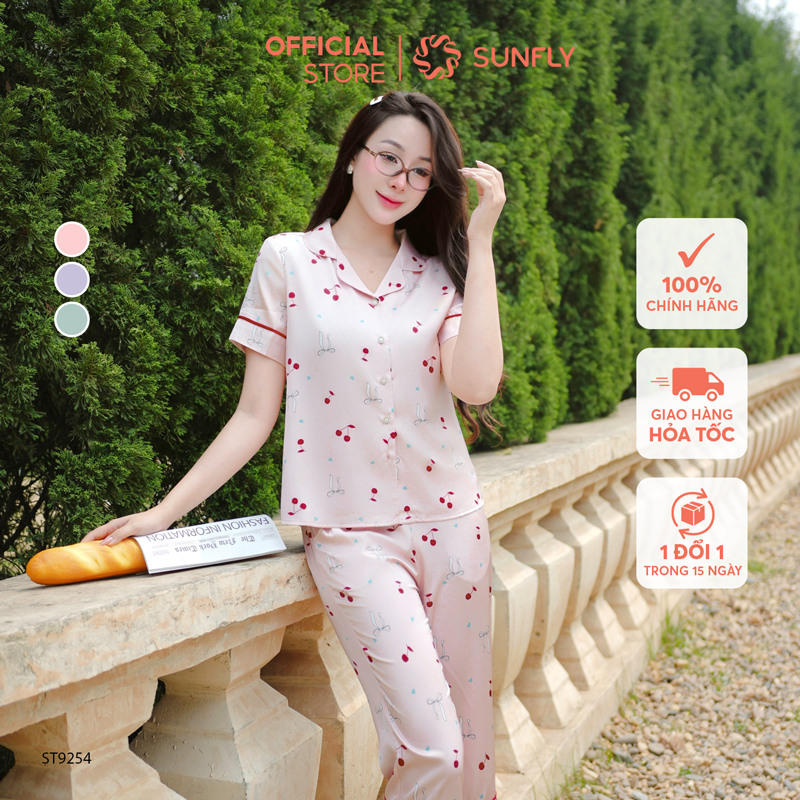 Mô tả Bộ pijama nữ lụa latin SUNFLY áo cộc quần ngố ST9254 - 1