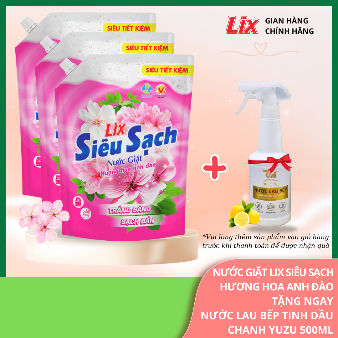 Mô tả Combo 3 túi nước giặt Lix siêu sạch hương hoa anh đào sạch thơm tặng 1 chai nước lau bếp On1 500ml, 3C-N2503+N6701 - 1