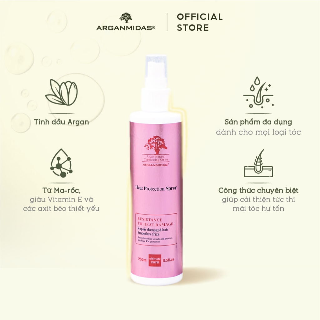 Mô tả Xịt dưỡng bảo vệ tóc Arganmidas, Xịt dưỡng trước khi sấy và tạo kiểu, siêu dưỡng tóc hư tổn, tóc mềm mượt - 250ml - 2