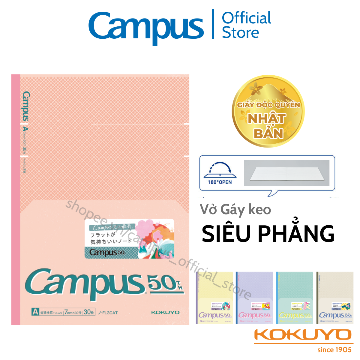 Mô tả Vở (Tập) Học Sinh Gáy Keo Giấy Nhật Siêu Phẳng Flat Kẻ Ngang Có Chấm 7mm 60 Trang Khổ B5 Campus 50 Series - 1