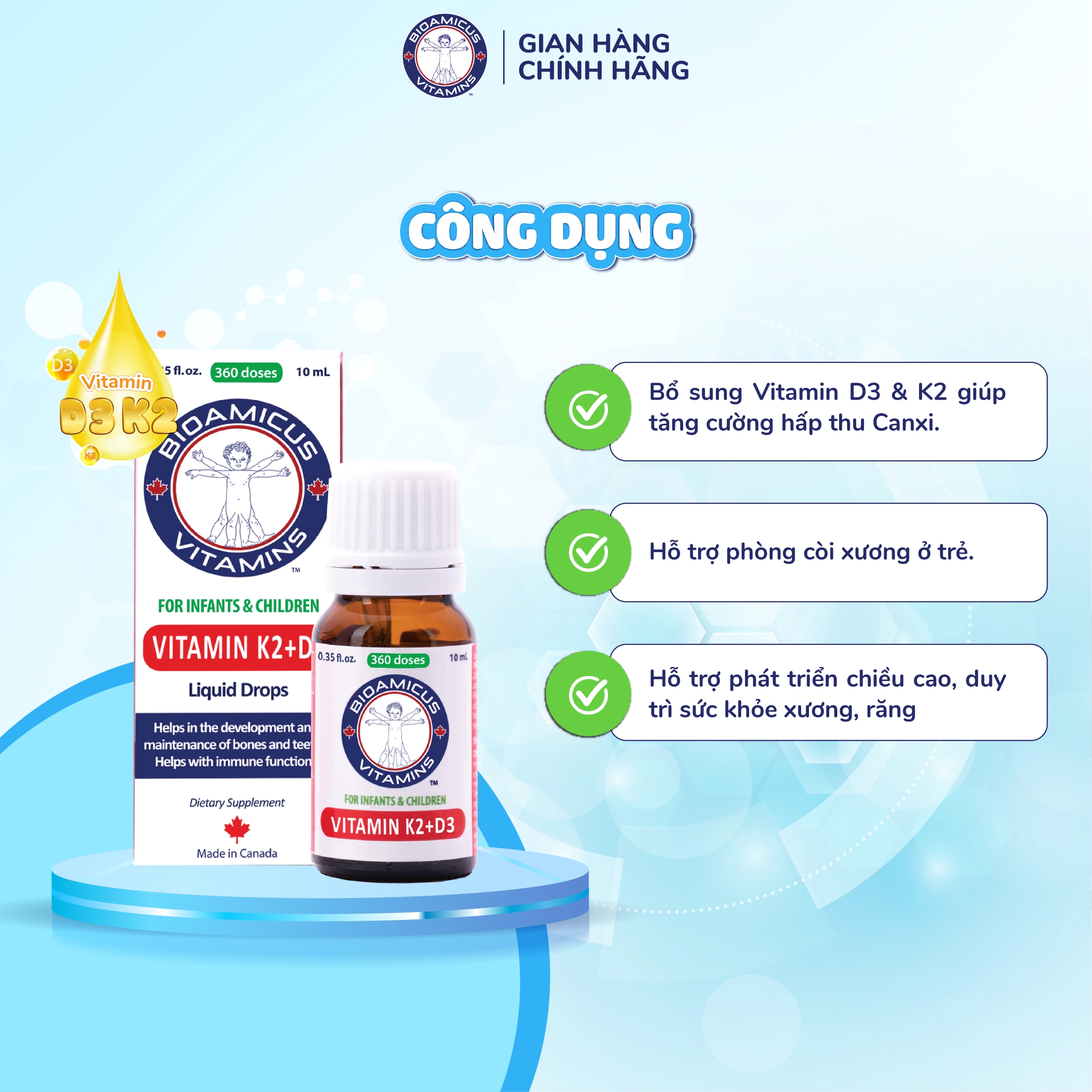Mô tả BioAmicus Vitamin D3K2 giúp trẻ phát triển chiều cao - Vitamin D3K2 MK-7 Cho Trẻ Lọ 10mL - 1