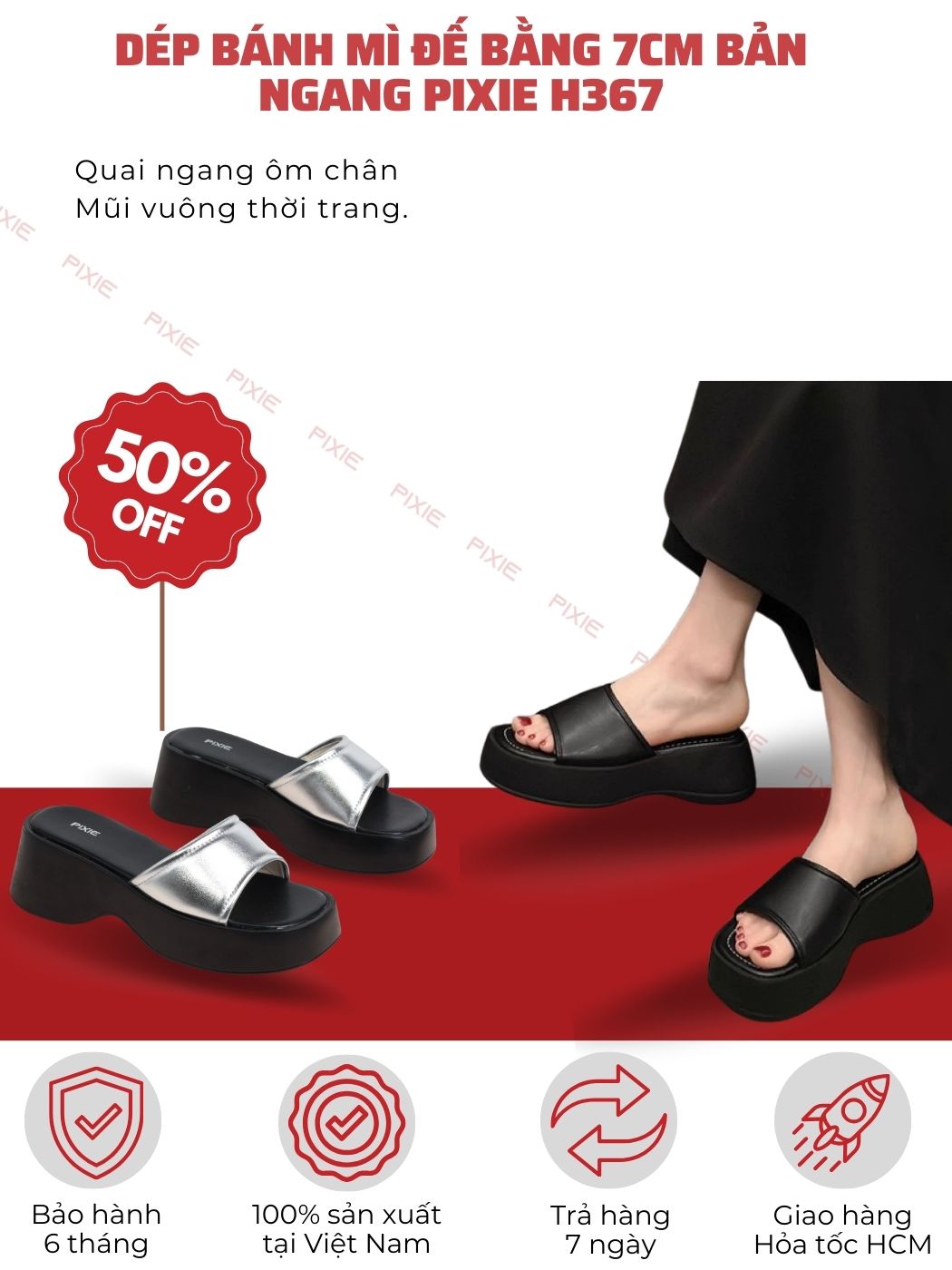 Mô tả Dép Đế Xuồng Quai Ngang Da Mềm Cao 7cm Pixie H367 - 5