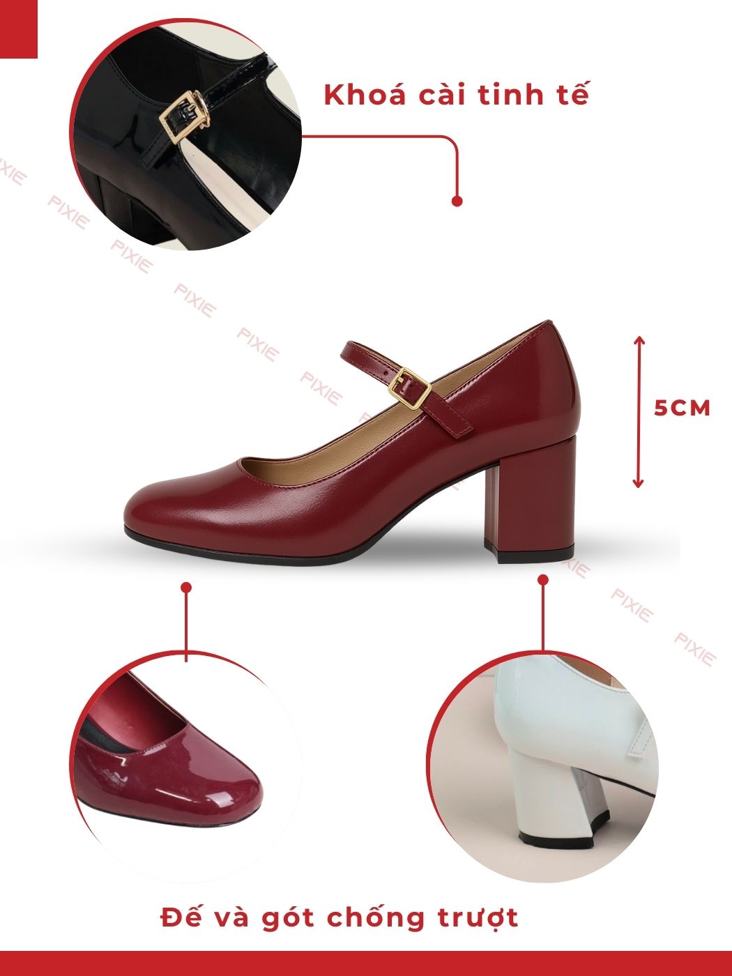 Mô tả Giày Mary Jane 5cm Da Bóng Mũi Vuông Sành Điệu Pixie H386 - 2