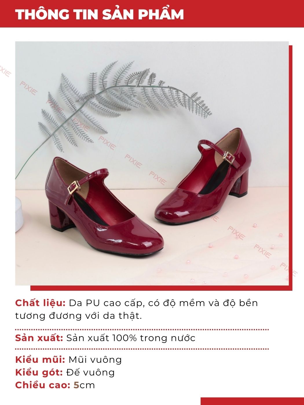 Mô tả Giày Mary Jane 5cm Da Bóng Mũi Vuông Sành Điệu Pixie H386 - 3