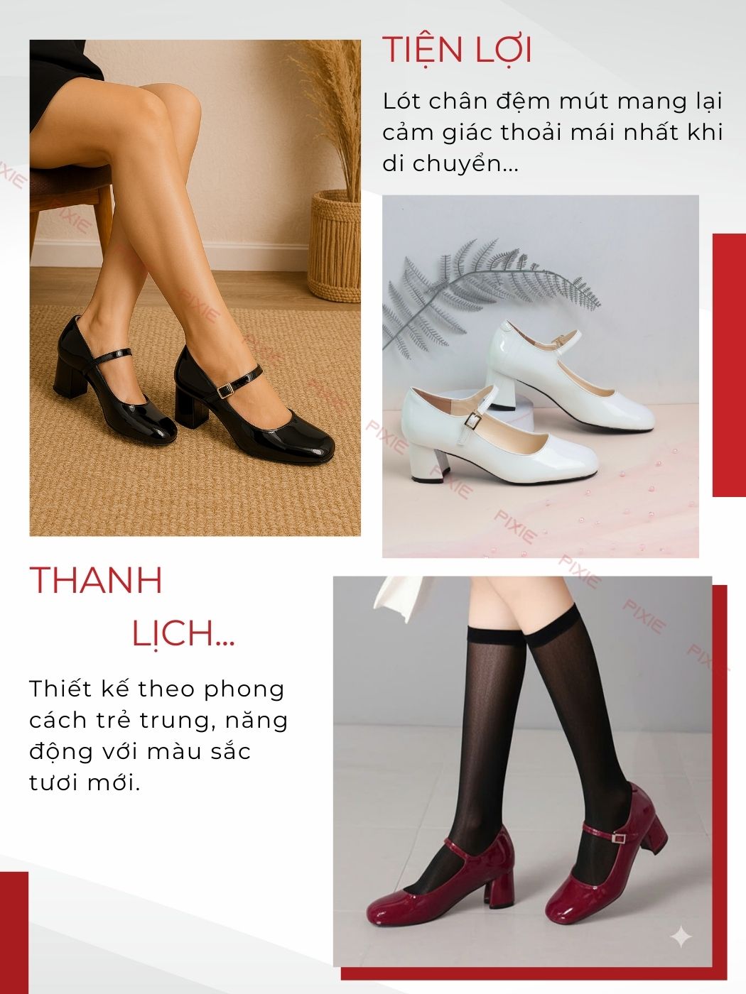 Mô tả Giày Mary Jane 5cm Da Bóng Mũi Vuông Sành Điệu Pixie H386 - 5