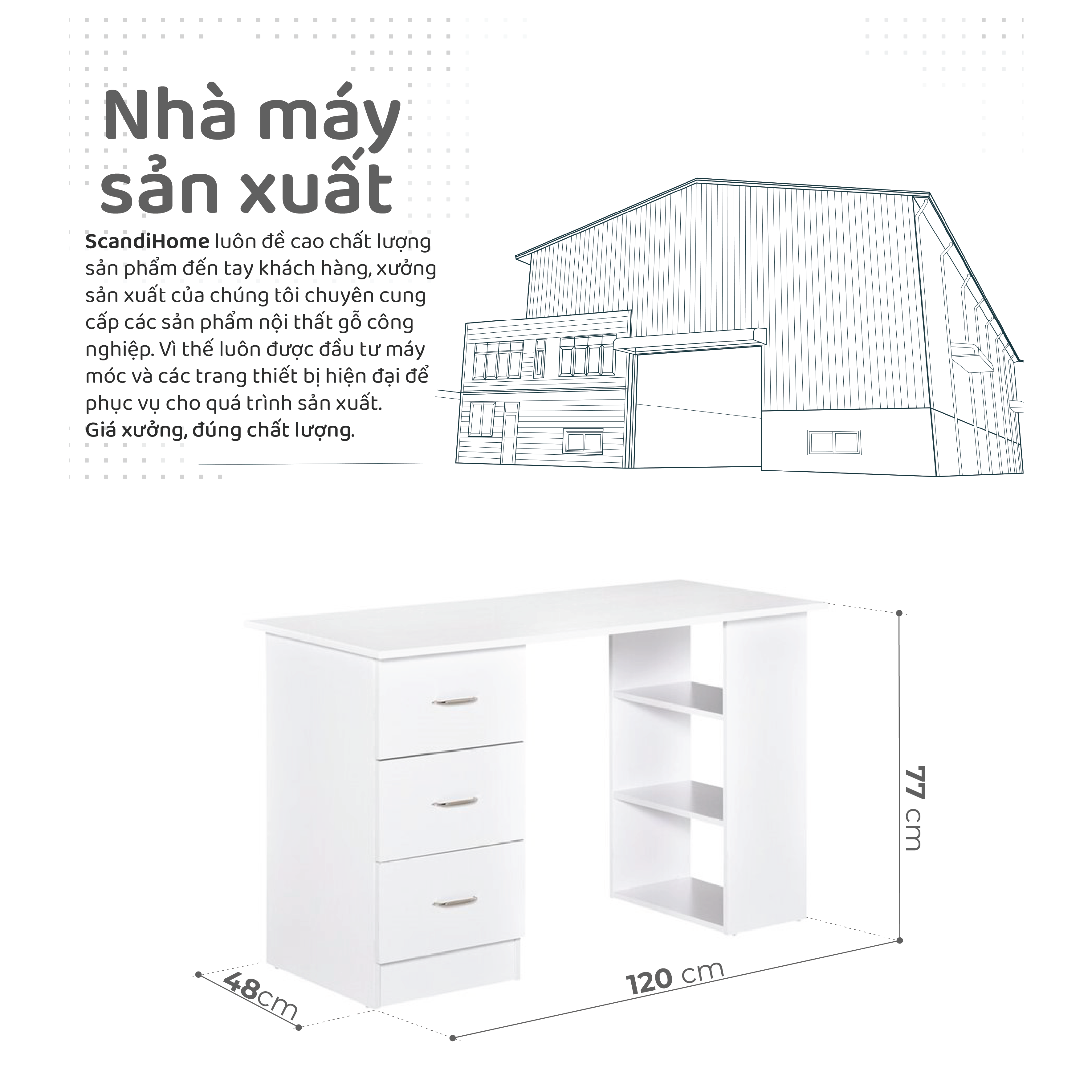 Mô tả NEVA, Bàn làm việc 3 ngăn tủ kéo kèm kệ sách DEK_062, 120x48x77cm, Scandi Home - 1