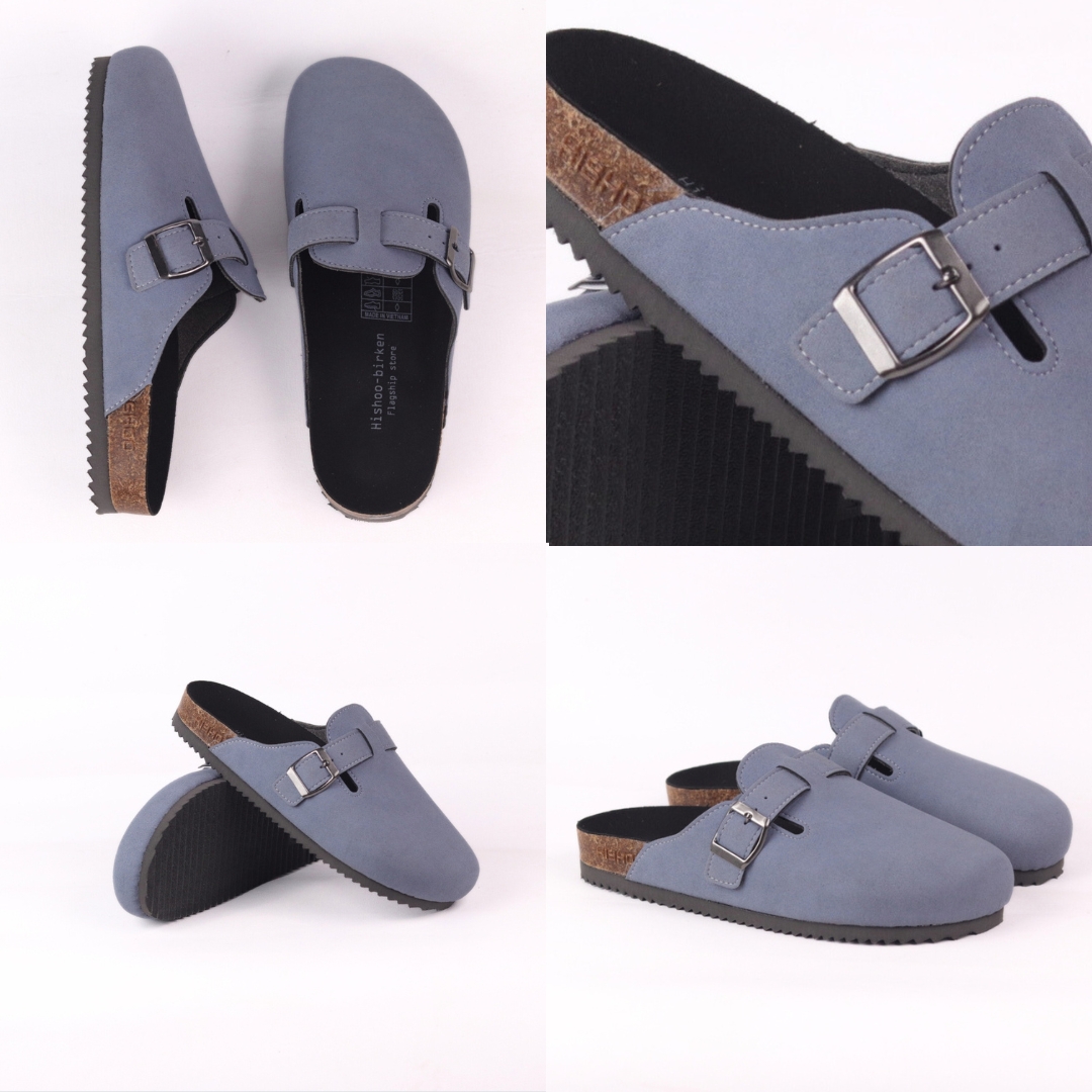 Mô tả Dép đế trấu sục Boston nam nữ unisex quai ngang da lộn (Xám/ Kem/Bò) đi học công sở bigsize chính hãng Hishoo VNXK R109 - 4