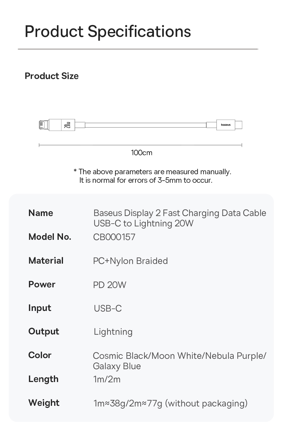 Mô tả Cáp dữ liệu sạc nhanh Baseus Display 2 Type-C sang iP 20W Dây cáp sạc nhanh 1m 2m cho iP 11 12 13 14 Plus Pro Max - 11