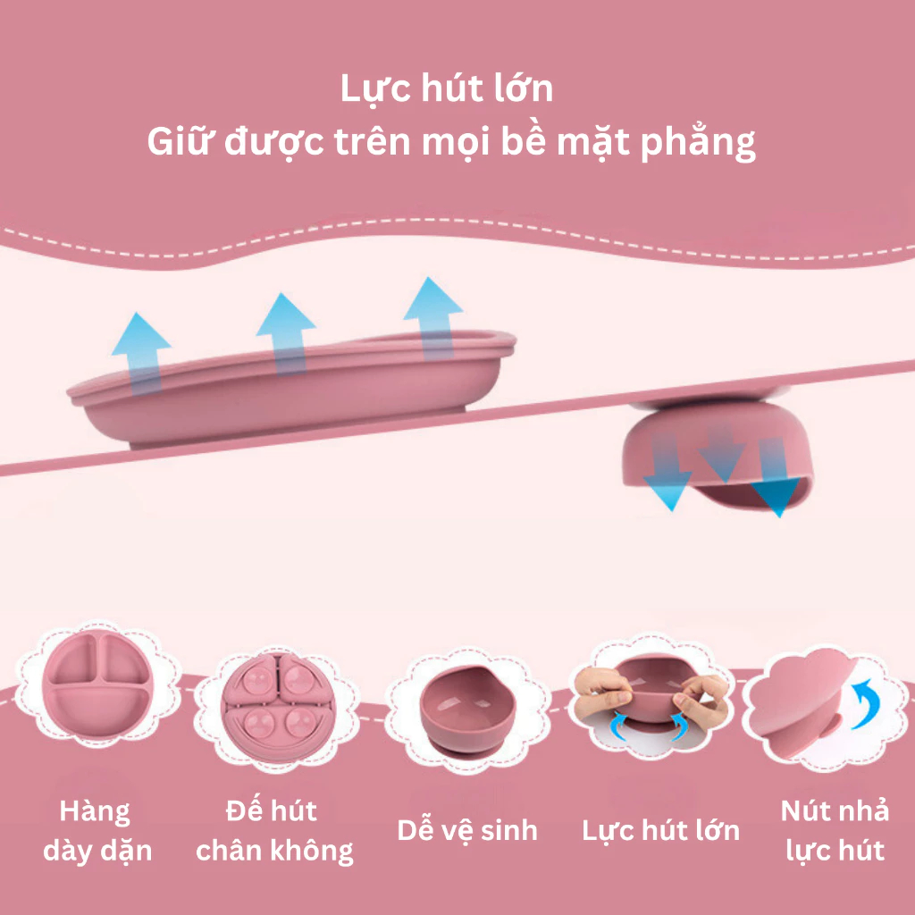 Mô tả Bộ ăn dặm cho bé Silicon Thực Phẩm,Combo Khay,Bát ,Yếm,Thìa,Cốc ăn dặm cho bé ăn dặm 6 tháng  đến 3T - 5