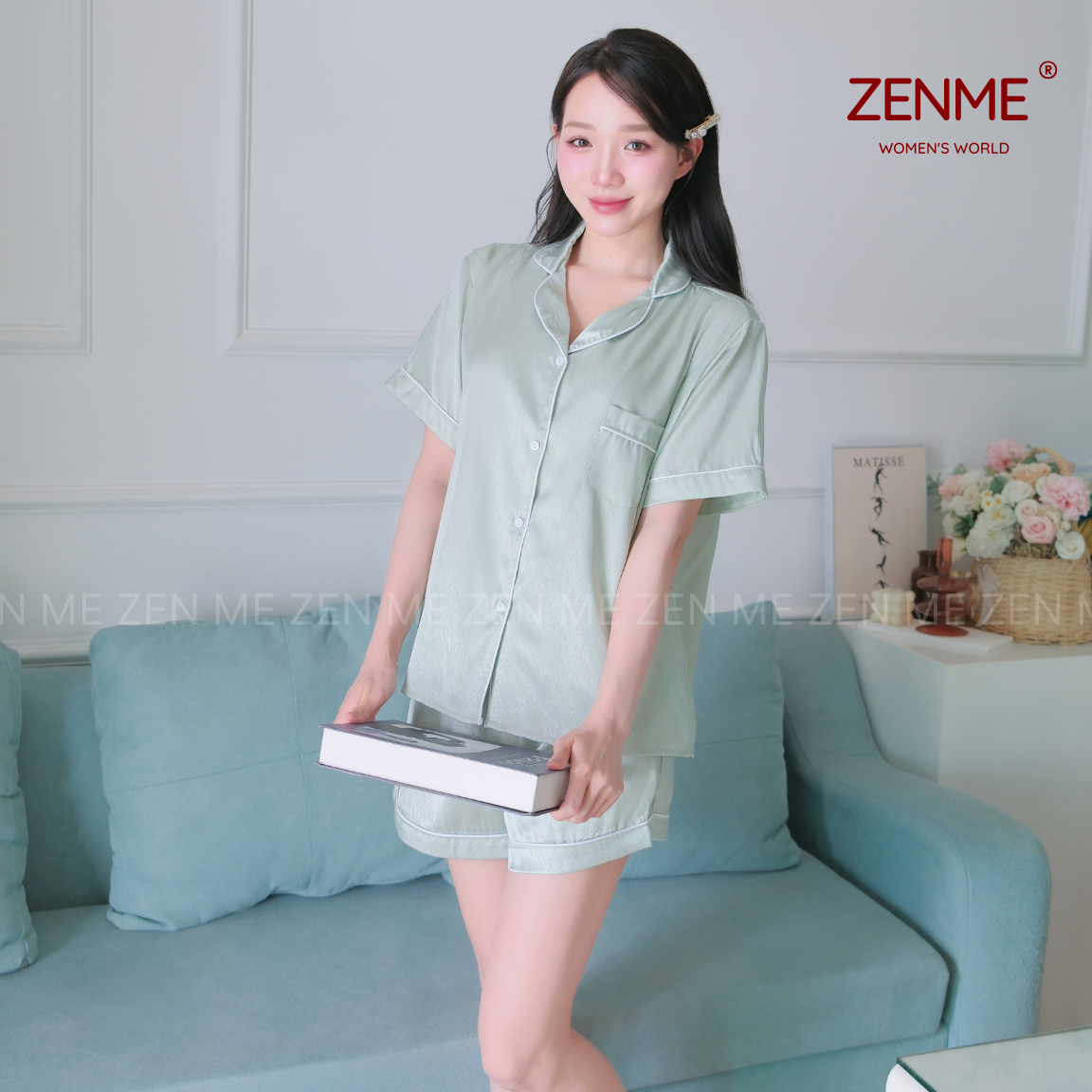 Mô tả Bộ đồ ngủ Pijama nữ ZENME Tay ngắn Quần Đùi Lụa Vân Gỗ Ánh Kim PJC0325 - 6