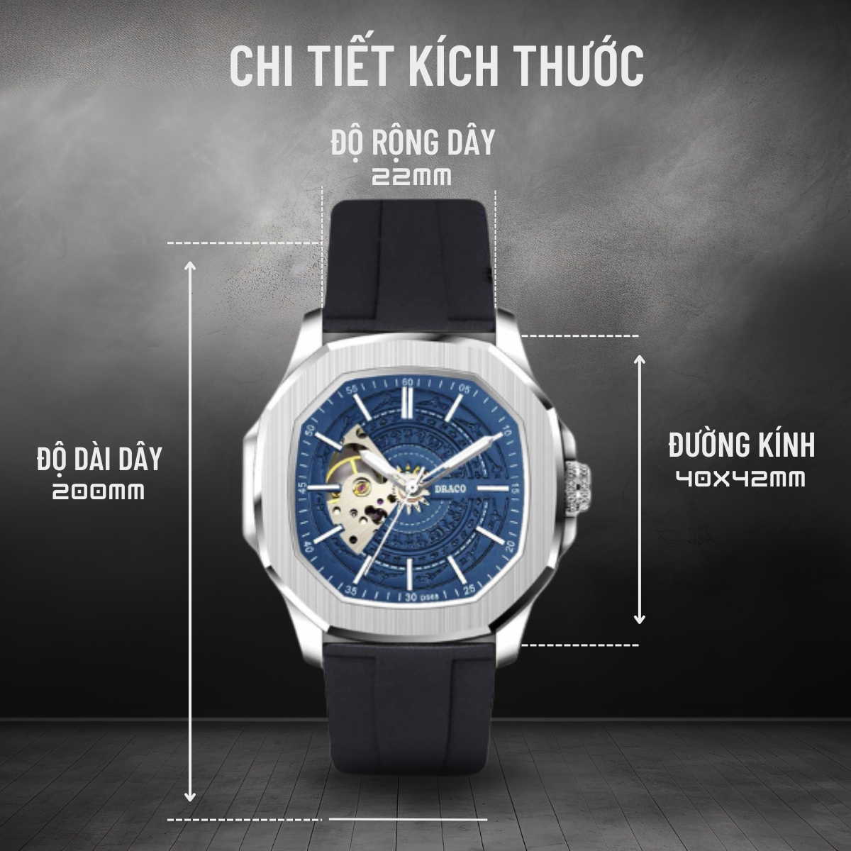 Mô tả Đồng hồ nam Draco D23-DS68 “DongSon” Automatic trắng xanh kết hợp dây cao su non cao cấp màu đen - 3