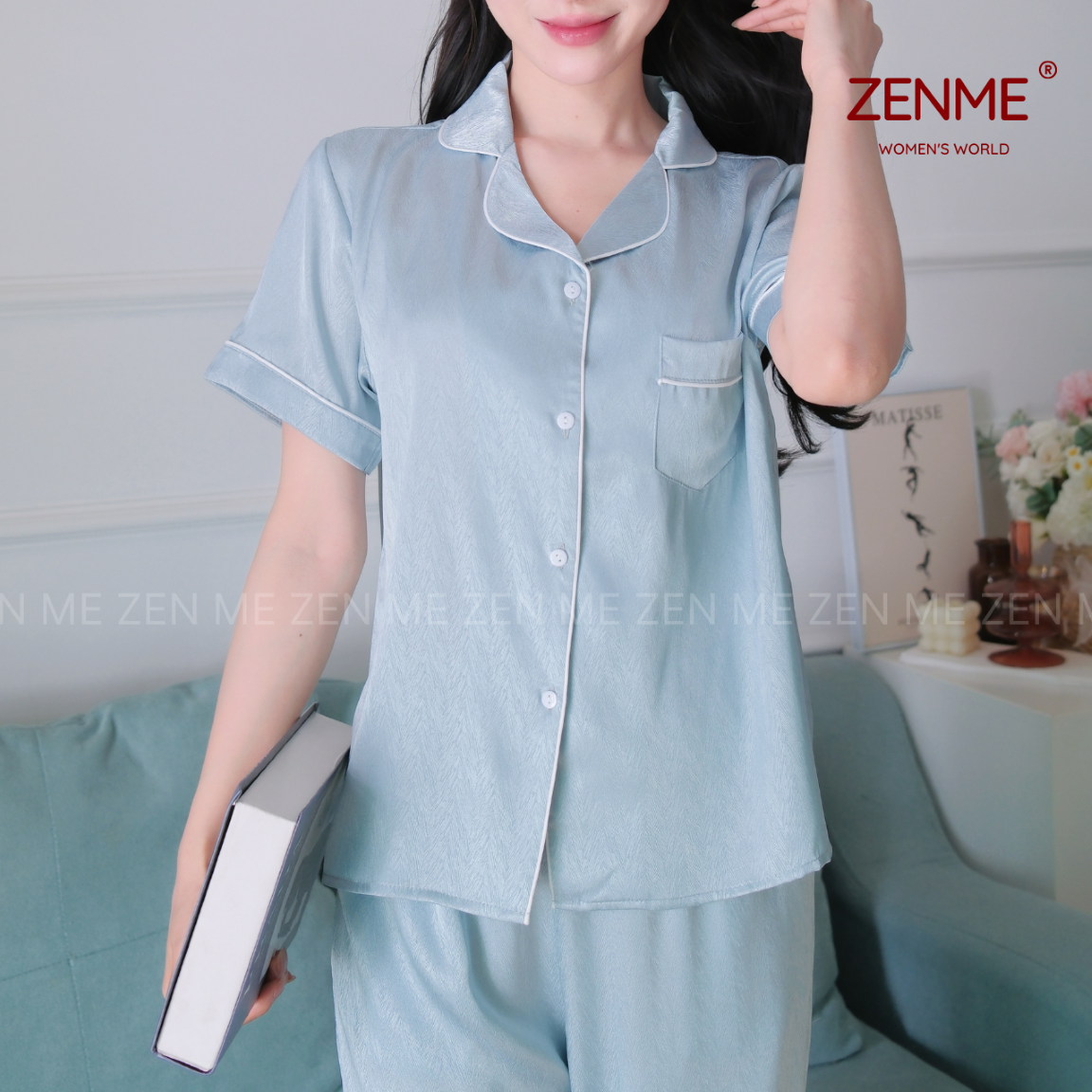Mô tả Bộ đồ ngủ Pijama nữ ZENME Tay ngắn Quần Dài Mùa Hè Lụa Vân Gỗ Ánh Kim PJD0225 - 3
