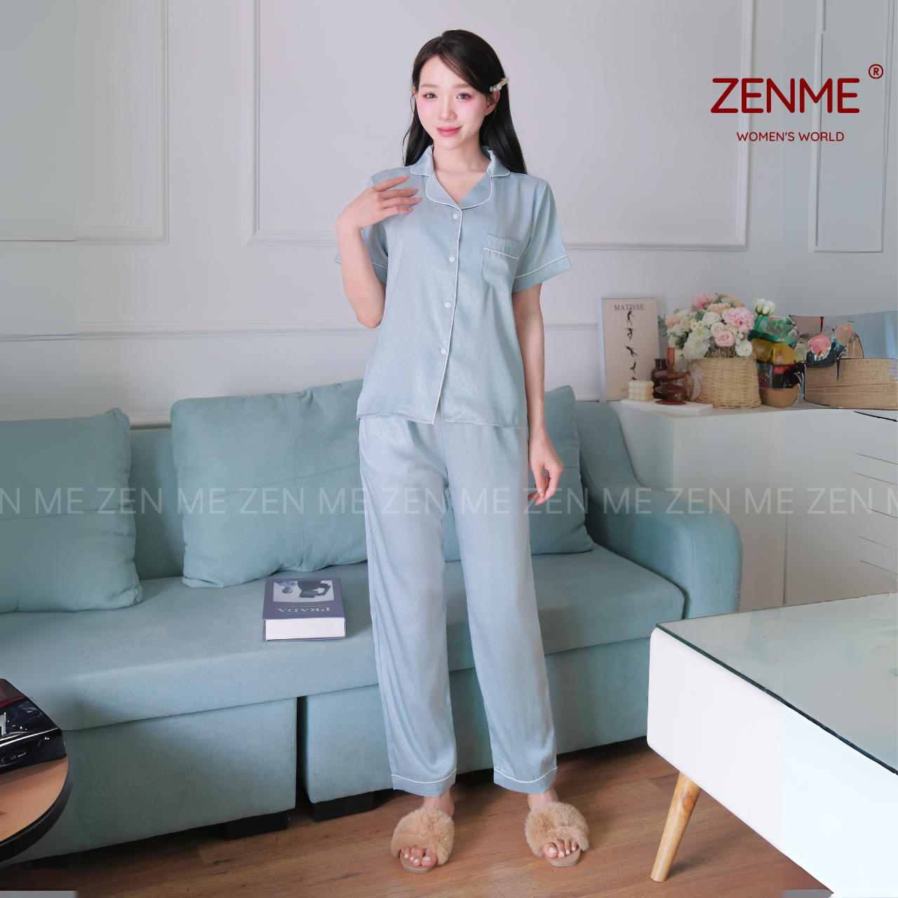 Mô tả Bộ đồ ngủ Pijama nữ ZENME Tay ngắn Quần Dài Mùa Hè Lụa Vân Gỗ Ánh Kim PJD0225 - 5