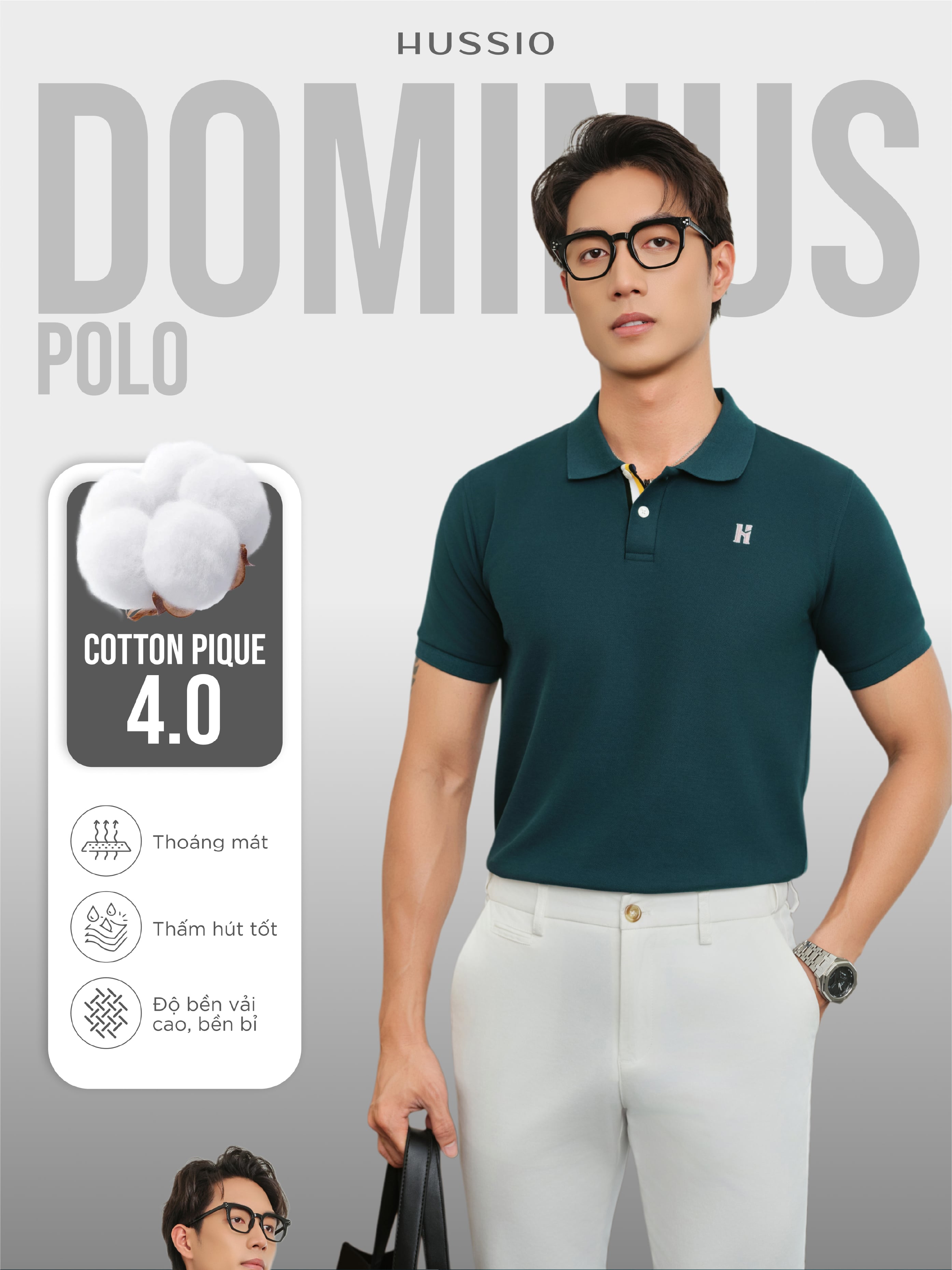 Mô tả Áo polo nam DOMINUS vải cotton pique 4.0 mềm mịn, co dãn tốt, thoáng mát, đứng form - HUSSIO - 1