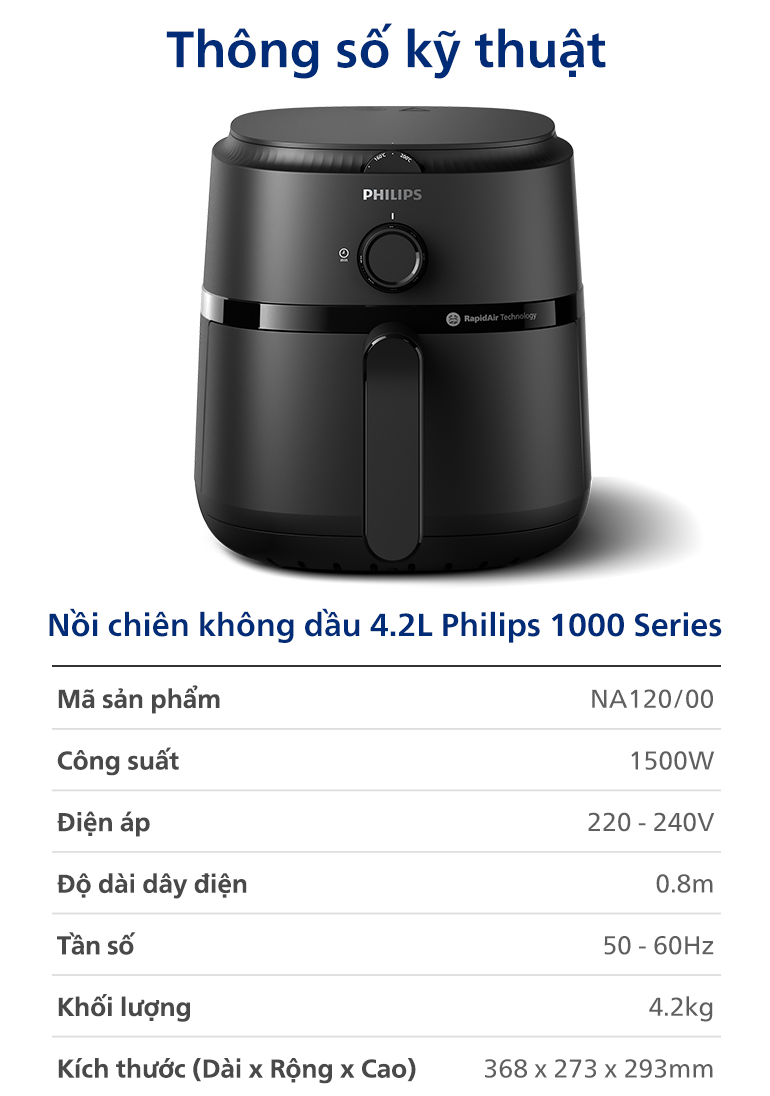Mô tả Nồi chiên không dầu Philips NA120/00 4,2 lít- Hàng Chính Hãng - Bảo hành 24 tháng - Giao hỏa tốc 2H - 2
