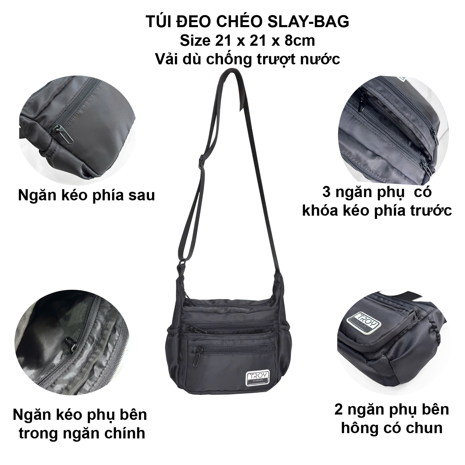 Mô tả Túi đeo chéo nhiều ngăn TROY SLAY BAG chất vải dù trượt nước, size 21 cm - 1