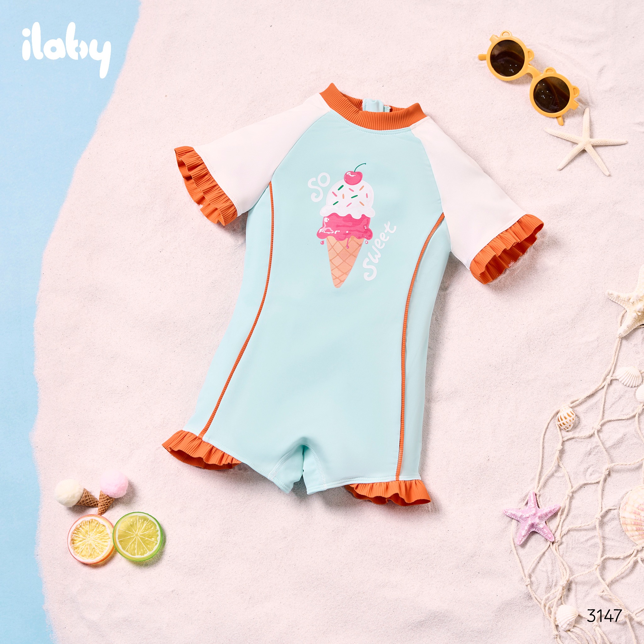 Mô tả Bộ đồ bơi cộc bé gái ILABY bộ bơi liền So Sweet chất liệu thun lạnh chống nước size đại từ 9-38kg [3147] - 1
