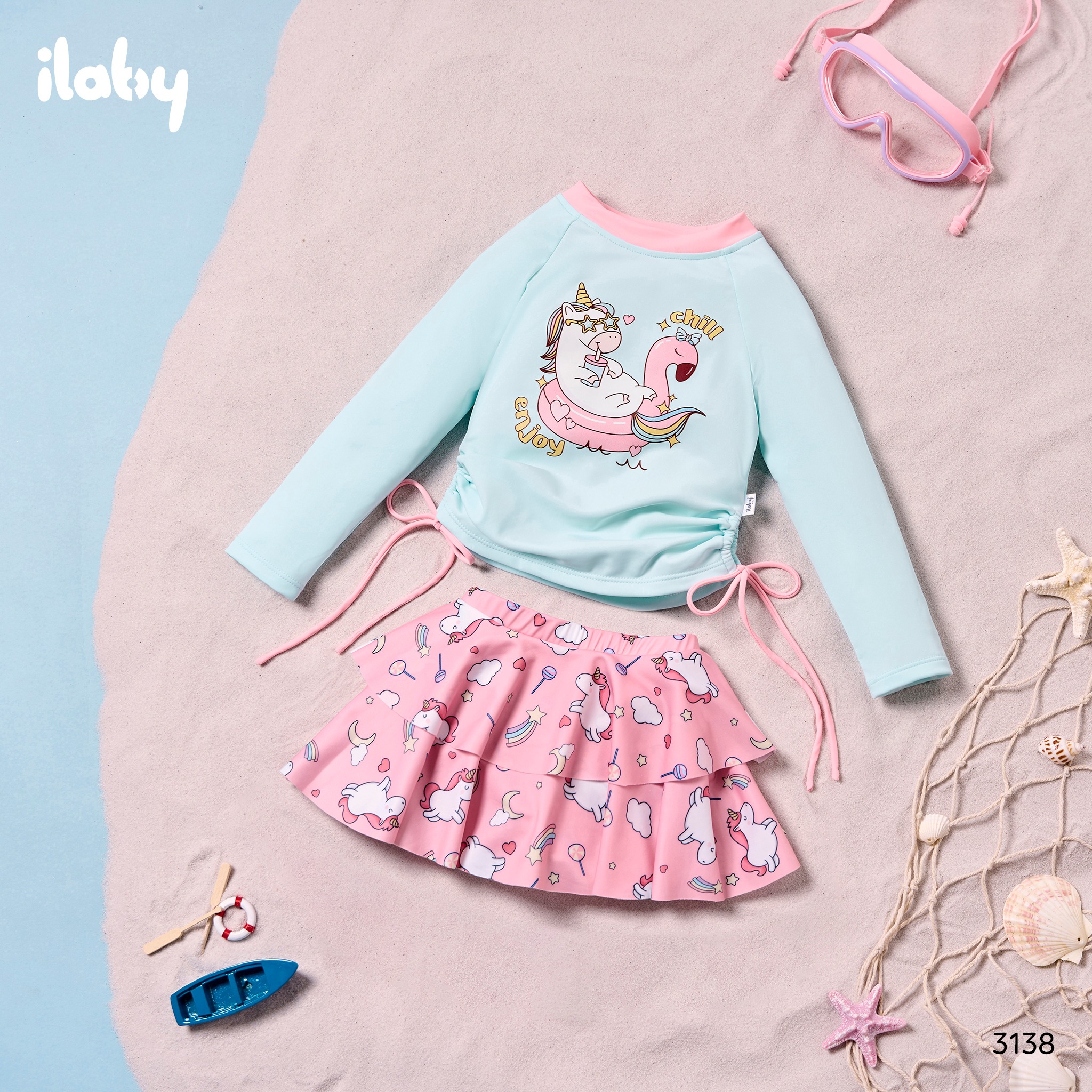Mô tả Bộ đồ bơi bé gái ILABY bộ bơi Mermaid Pony chất liệu thun lạnh gồm áo dài tay kèm chân váy [3138] - 1