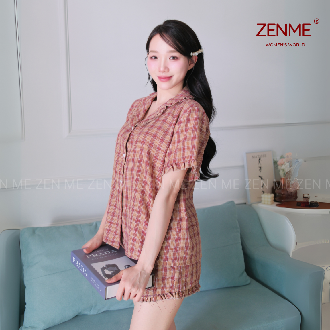 Mô tả Đồ Bộ Nữ Pijama Mặc Nhà ZENME Chất Liệu Thô Cotton Họa Tiết Caro Dễ Thương PTB0425 - 1