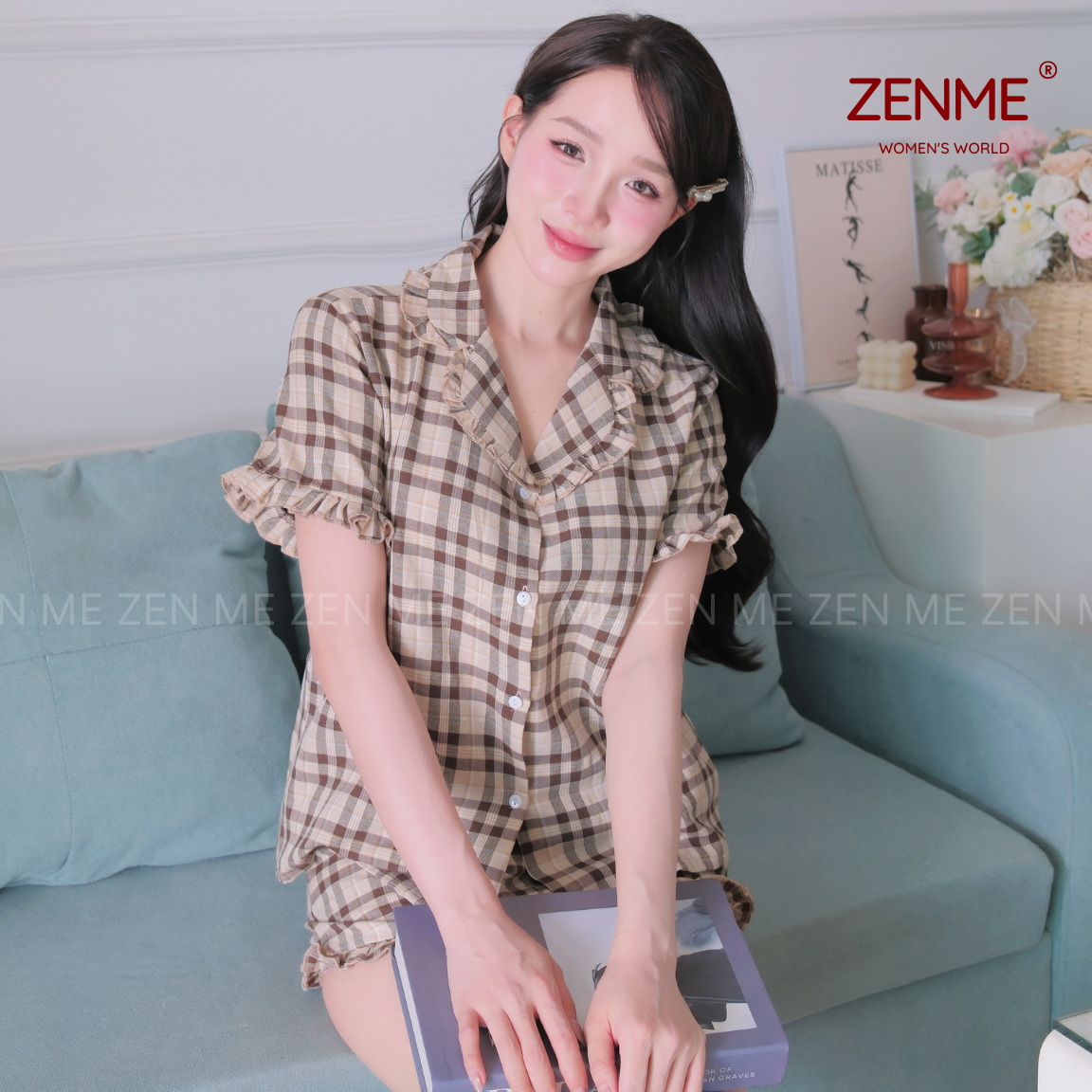 Mô tả Đồ Bộ Nữ Pijama Mặc Nhà ZENME Chất Liệu Thô Cotton Họa Tiết Caro Dễ Thương PTB0425 - 3