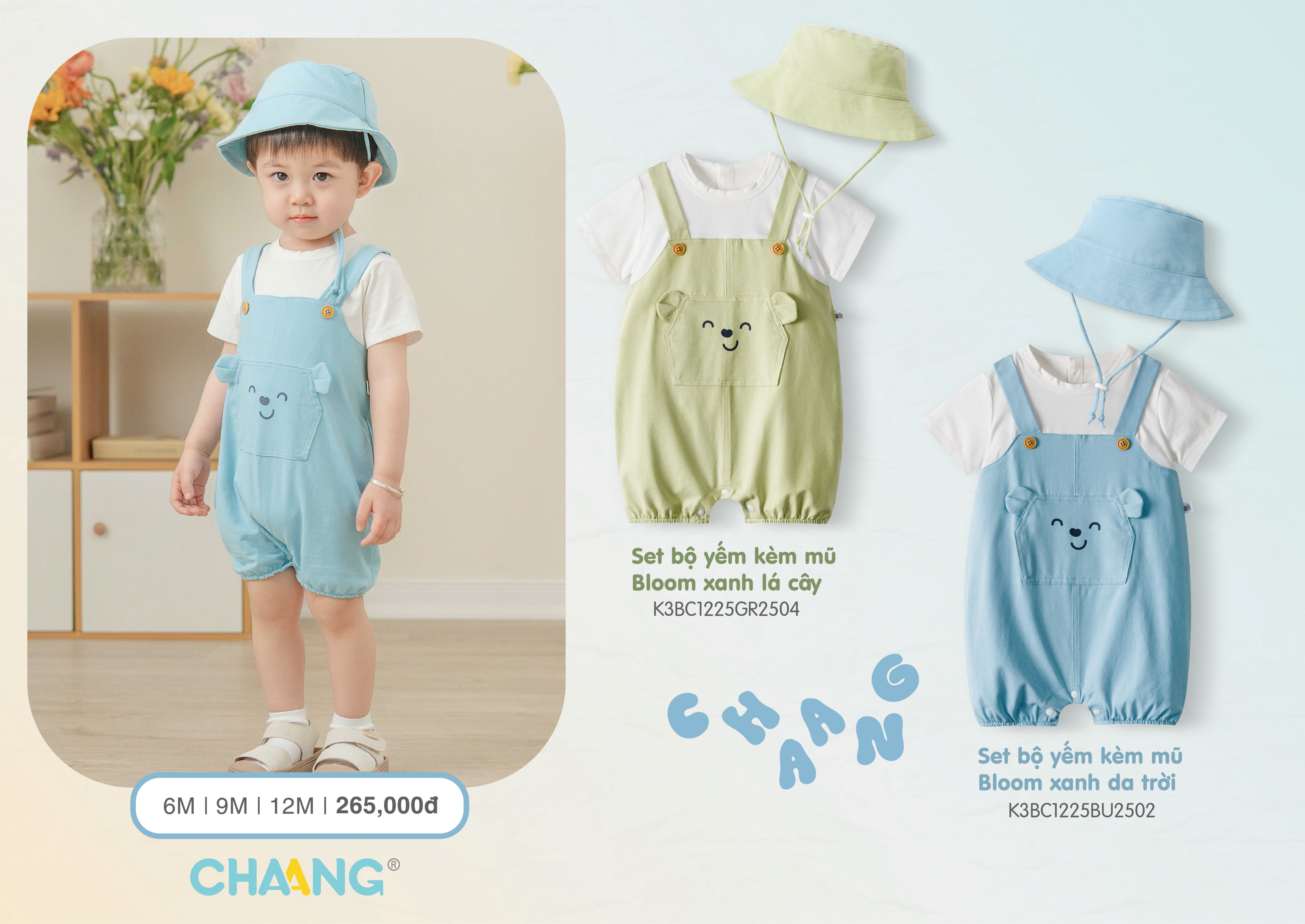 Mô tả Set bộ yếm kèm mũ may liền áo trắng cúc sau Bloom cho bé gái và bé trai - 2
