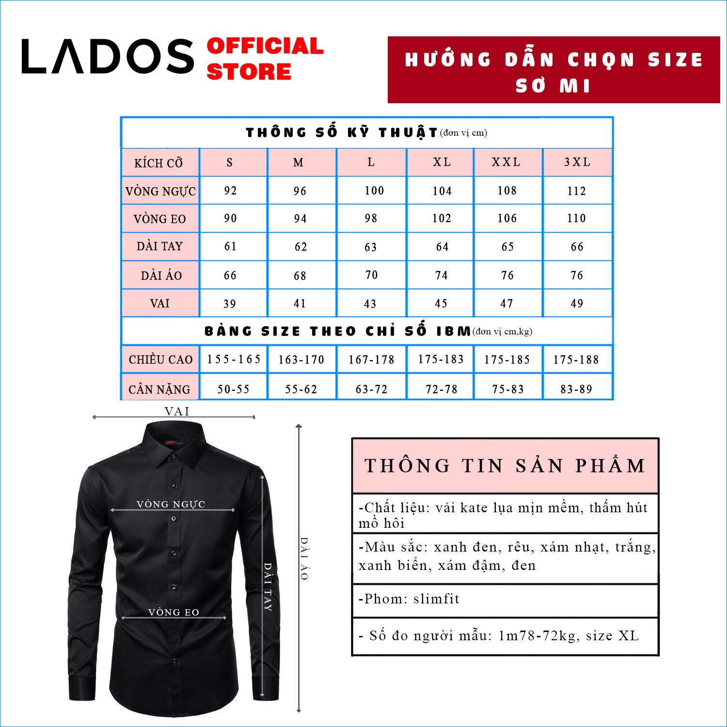 Mô tả Áo sơ mi nam trơn vải kate lụa mịn LADOS - 25779 chất vải thấm hút tốt - Form chuẩn công sở - 3