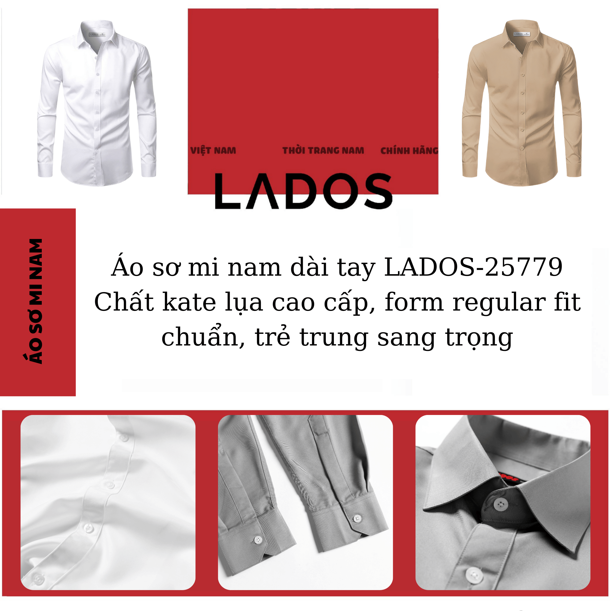 Mô tả Áo sơ mi nam trơn vải kate lụa mịn LADOS - 25779 chất vải thấm hút tốt - Form chuẩn công sở - 1