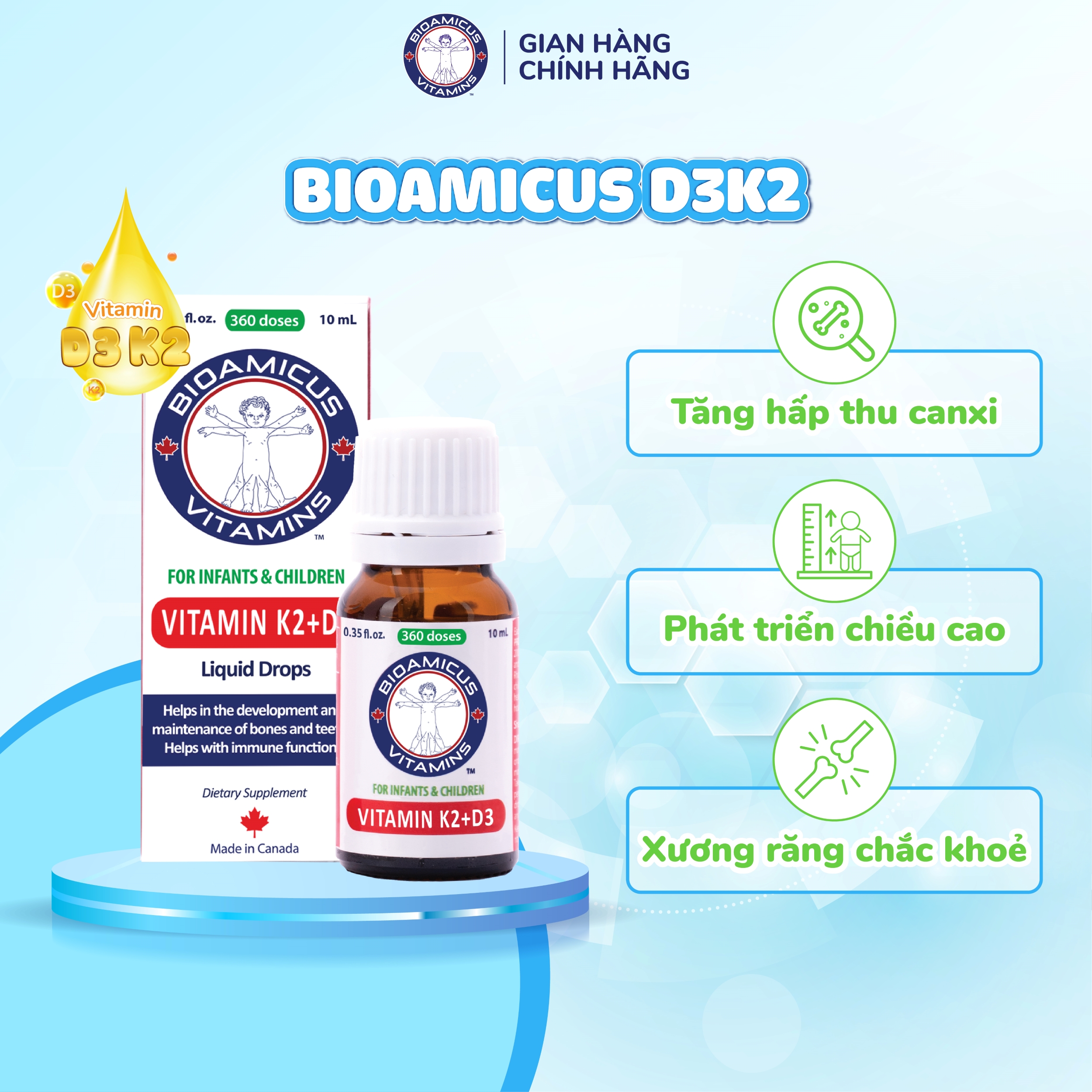 Mô tả Bộ Ba Cho Bé Ăn Ngon Cao Lớn Thông Minh - Men 10 Chủng BioAmicus & BioAmicus Vitamin D3K2MK7 & BioAmicus Omega-3 DHA - 3
