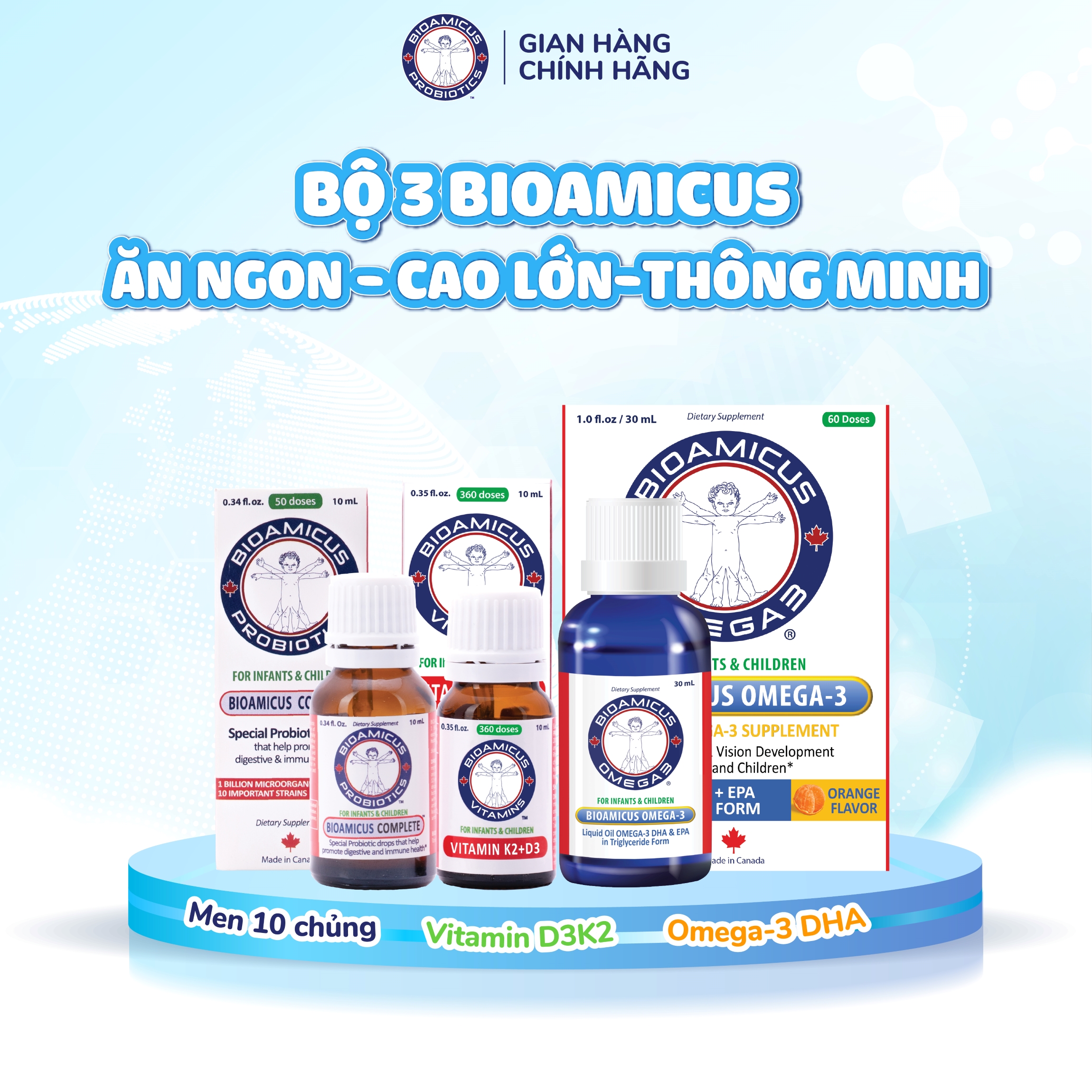 Mô tả Bộ Ba Cho Bé Ăn Ngon Cao Lớn Thông Minh - Men 10 Chủng BioAmicus & BioAmicus Vitamin D3K2MK7 & BioAmicus Omega-3 DHA - 1